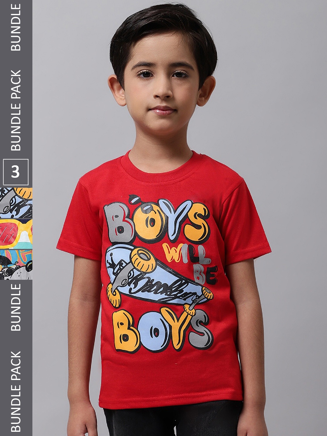 

BAESD Boys Pack Of 3 Typography Printed Cotton T-Shirts, Red