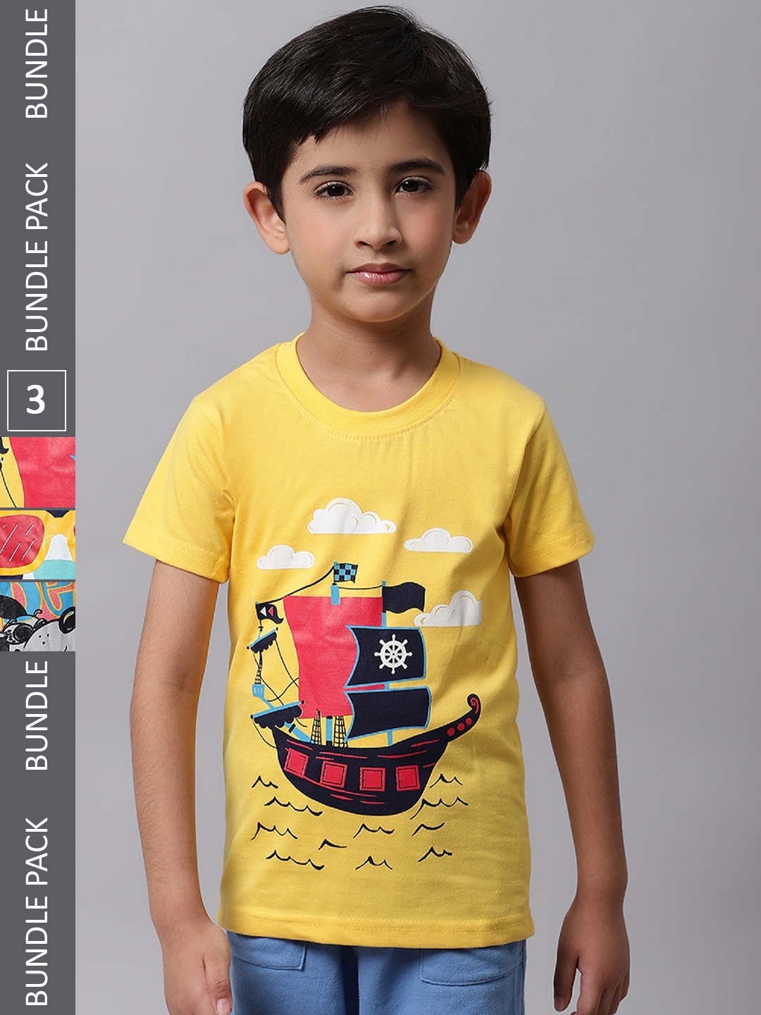 

BAESD Boys Pack Of 3 Graphic Printed Cotton T-shirt, Yellow