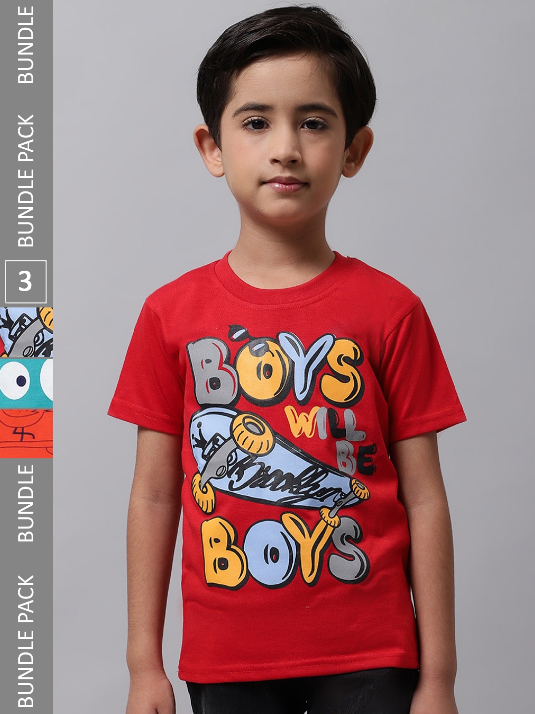 

BAESD Boys Pack Of 3 Printed Round Neck Cotton T-shirts, Red