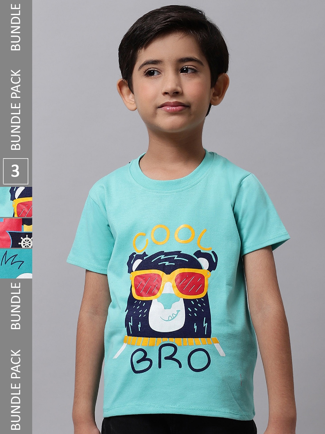 

BAESD Boys Pack Of 3 Conversational Printed Cotton T-shirt, Turquoise blue