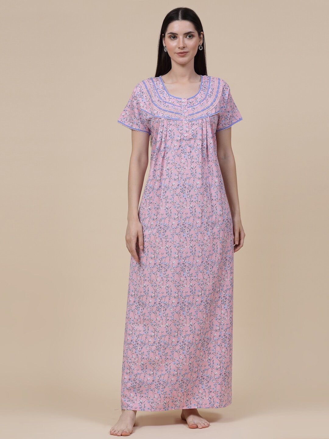 

Sweet Dreams Pink Floral Printed Lace Detail Pure Cotton Maxi Nightdress