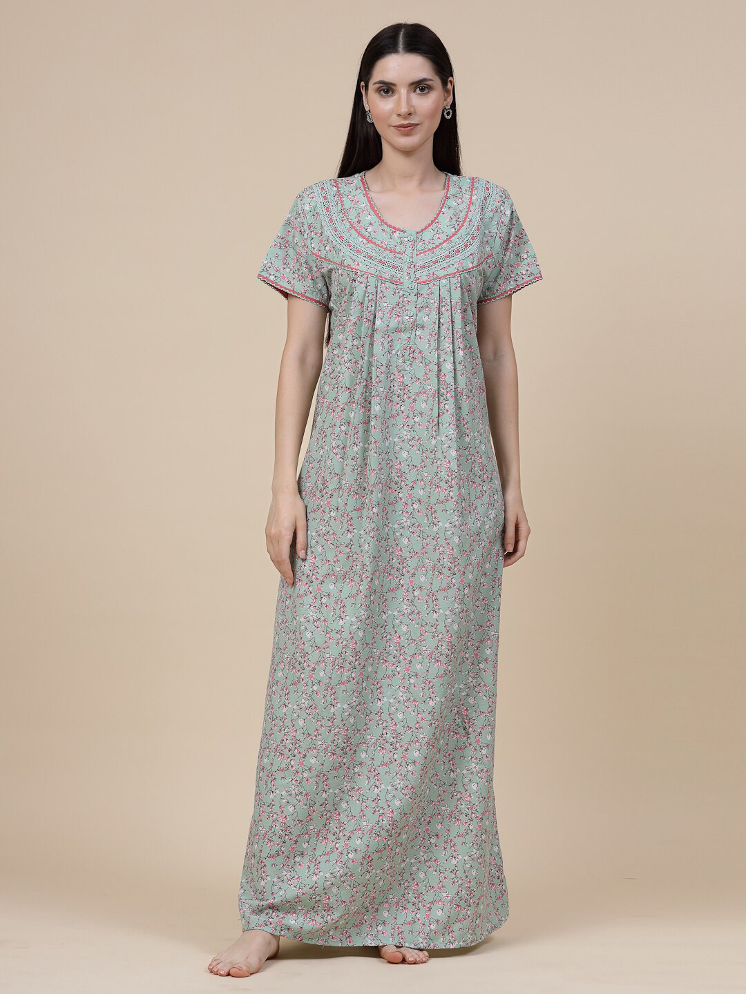 

Sweet Dreams Green Floral Printed Pure Cotton Maxi Nightdress