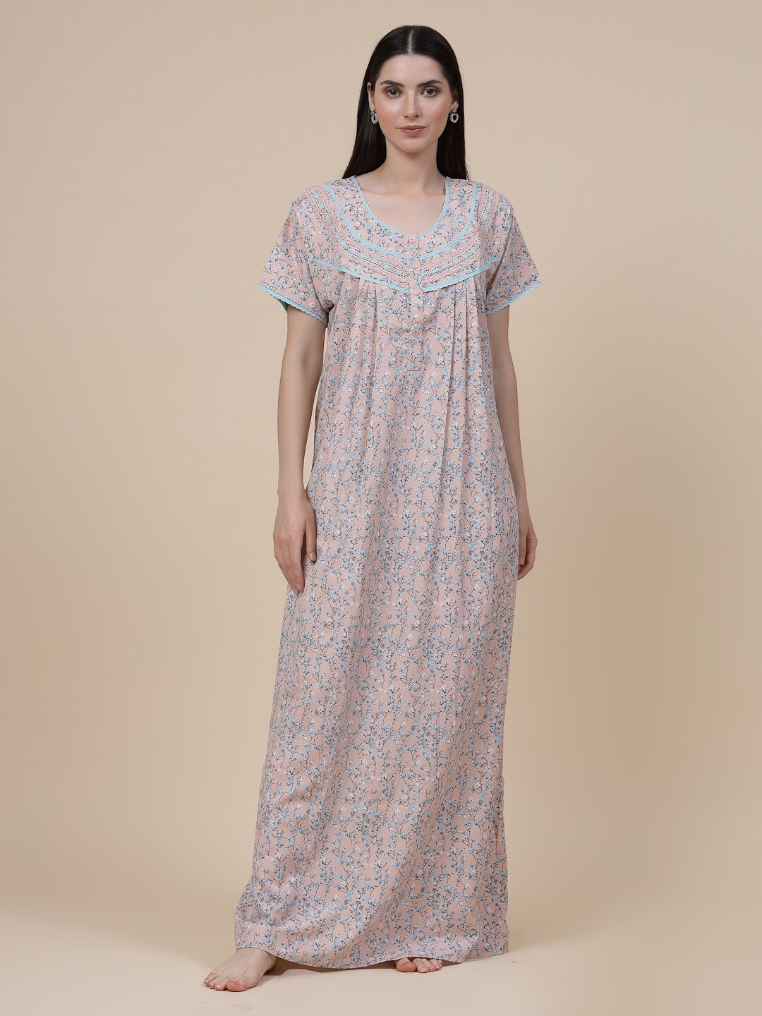 

Sweet Dreams Peach-Coloured Floral Printed Pure Cotton Maxi Nightdress