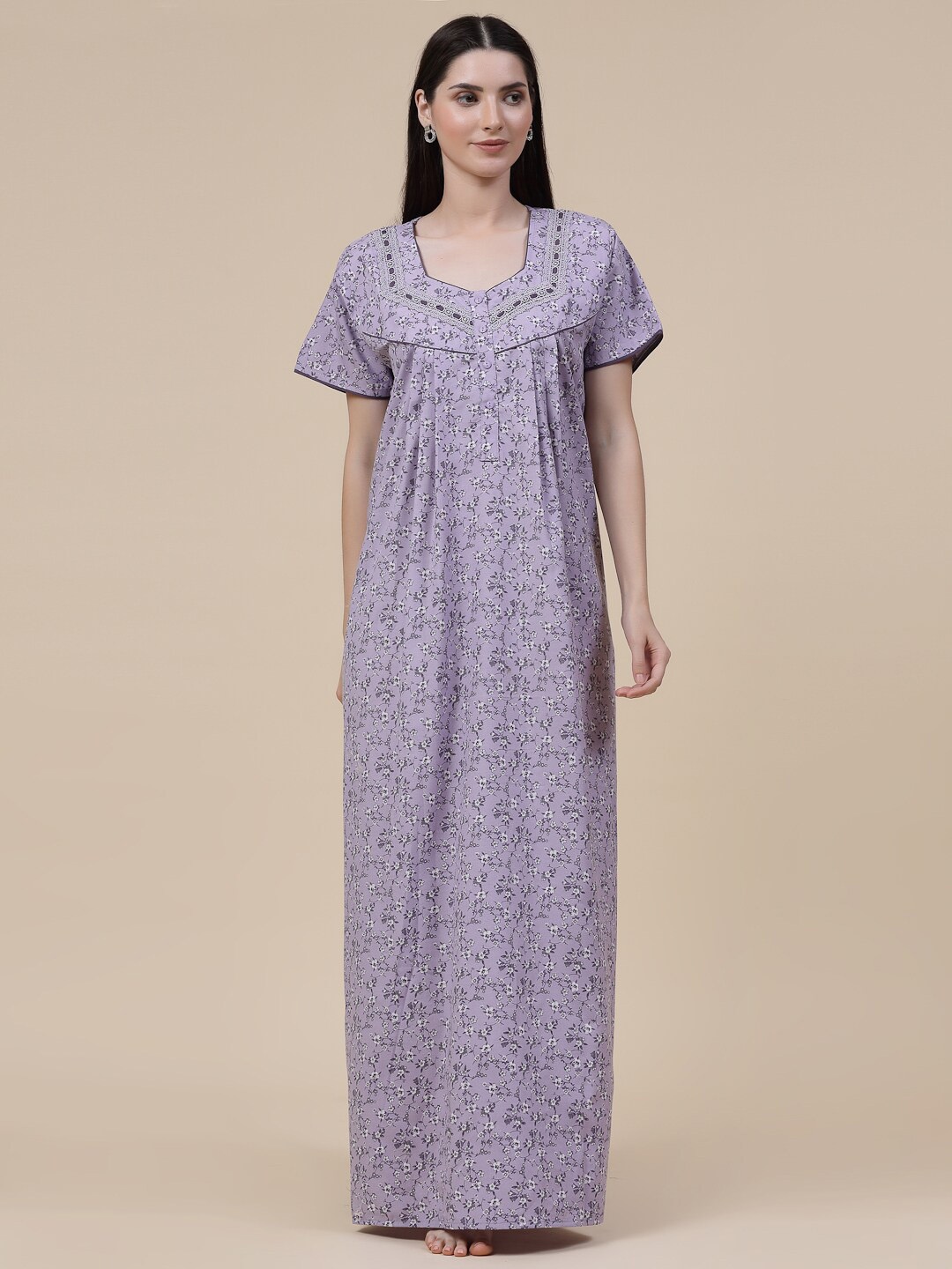 

Sweet Dreams Purple Floral Printed Lace Detail Pure Cotton Maxi Nightdress