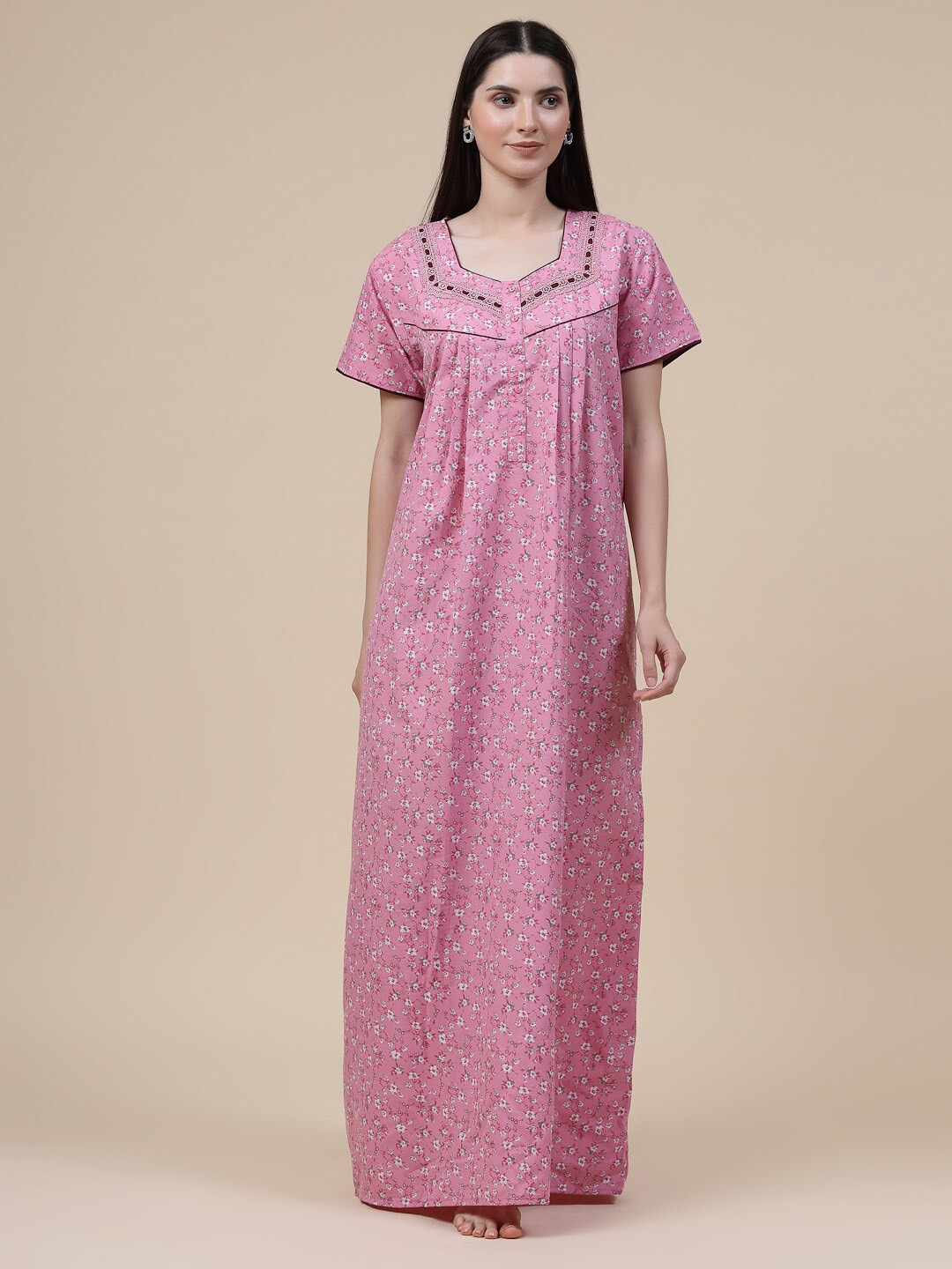

Sweet Dreams Pink Floral Printed Pure Cotton Maxi Nightdress