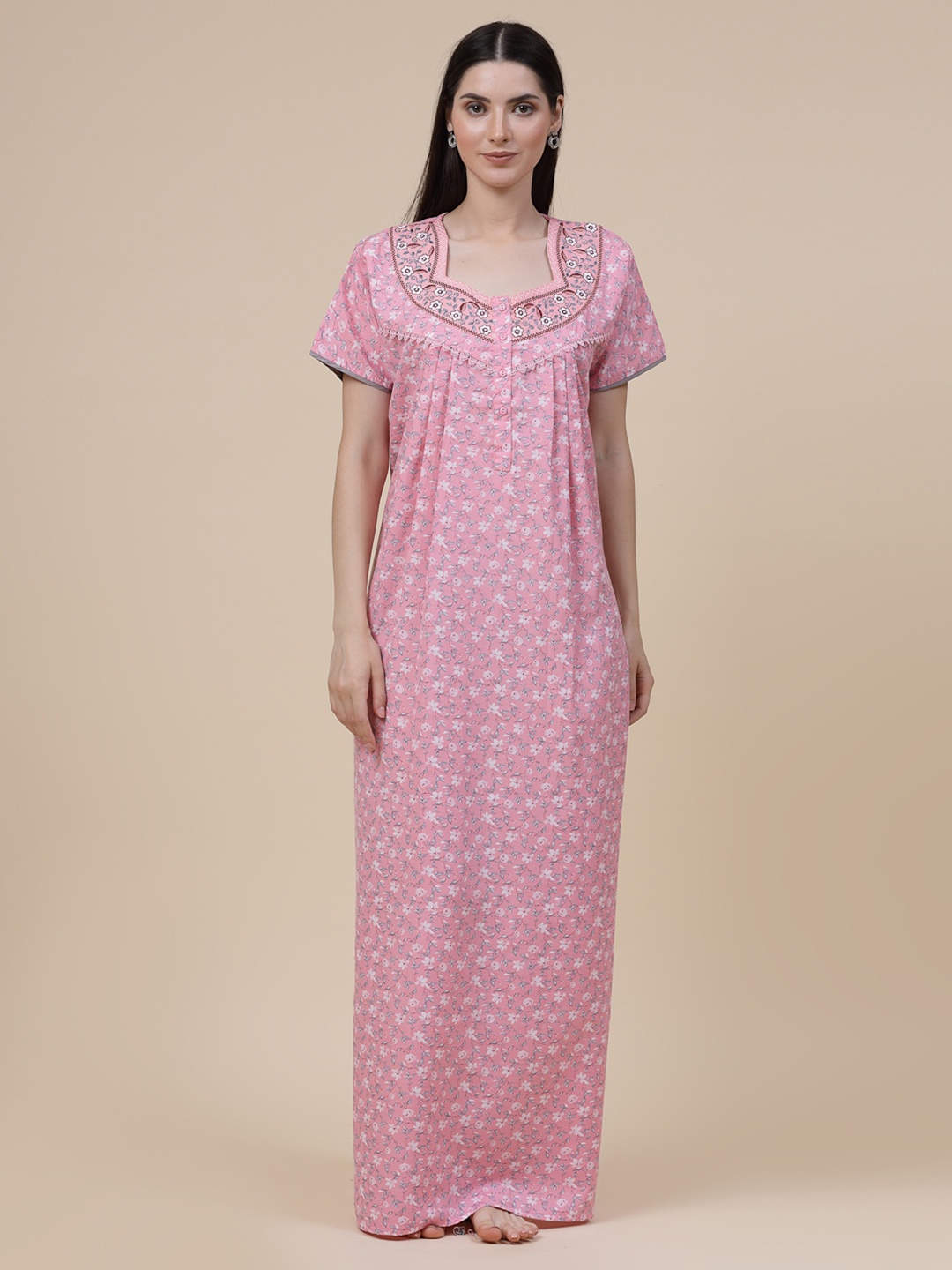

Sweet Dreams Pink Floral Printed Pure Cotton Maxi Nightdress