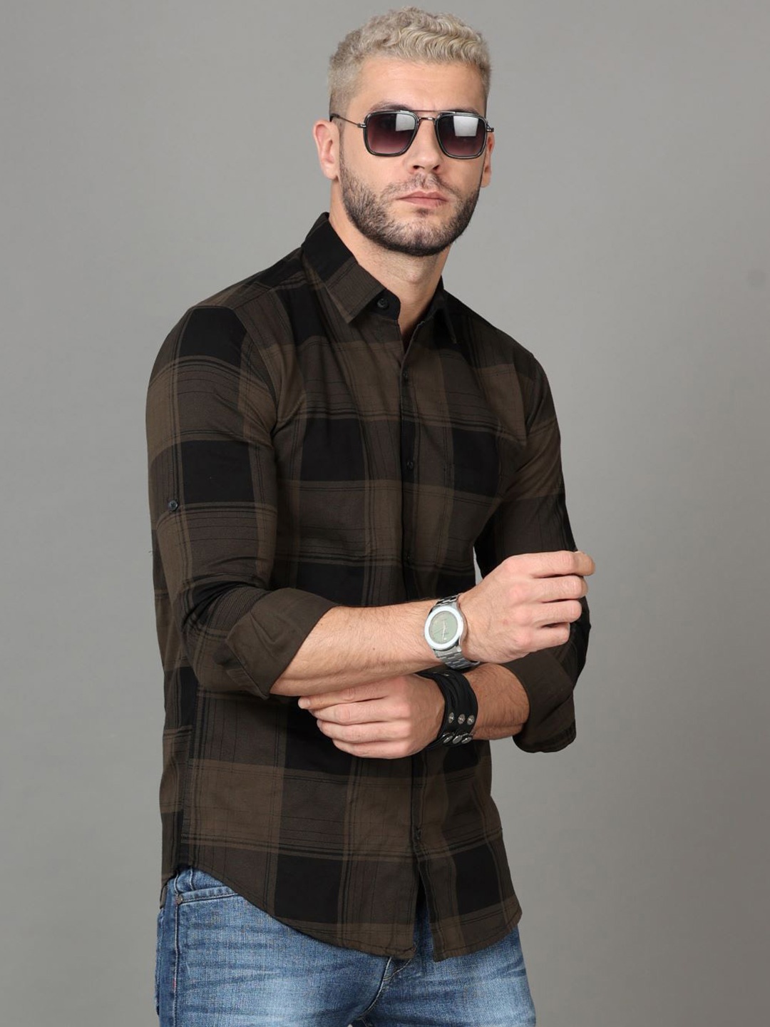 

Tallwalker Straight Slim Fit Tartan Checked Cotton Casual Shirt, Brown