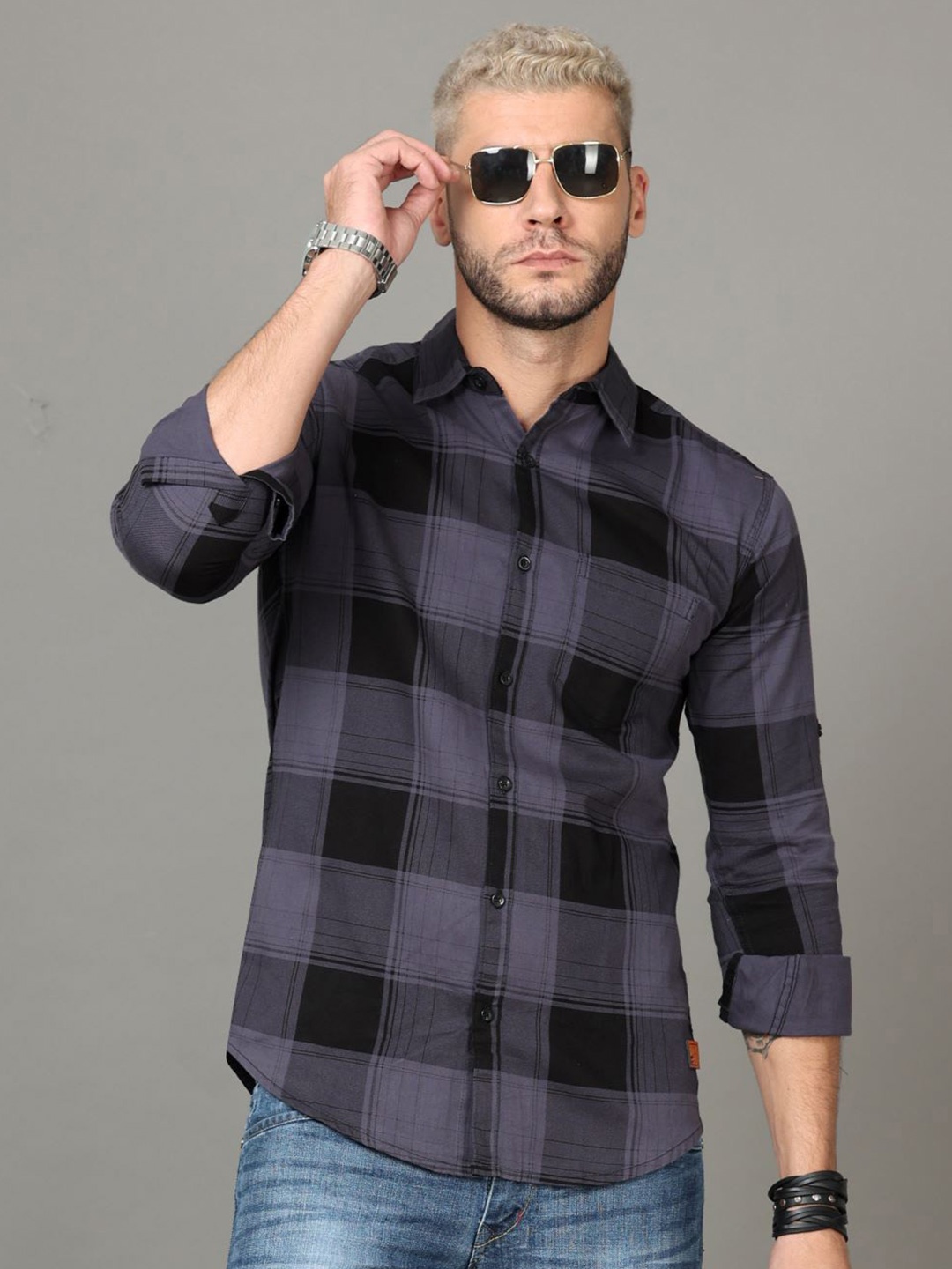 

Tallwalker Straight Slim Fit Tartan Checked Cotton Casual Shirt, Blue