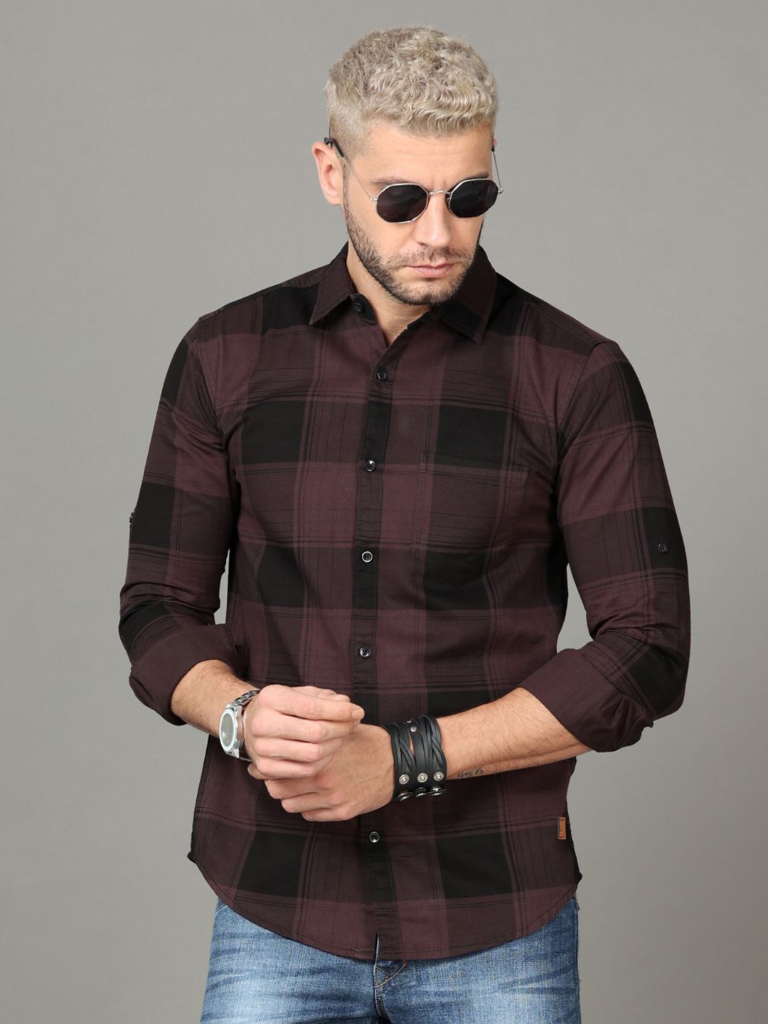 

Tallwalker Straight Slim Fit Tartan Checked Cotton Casual Shirt, Brown