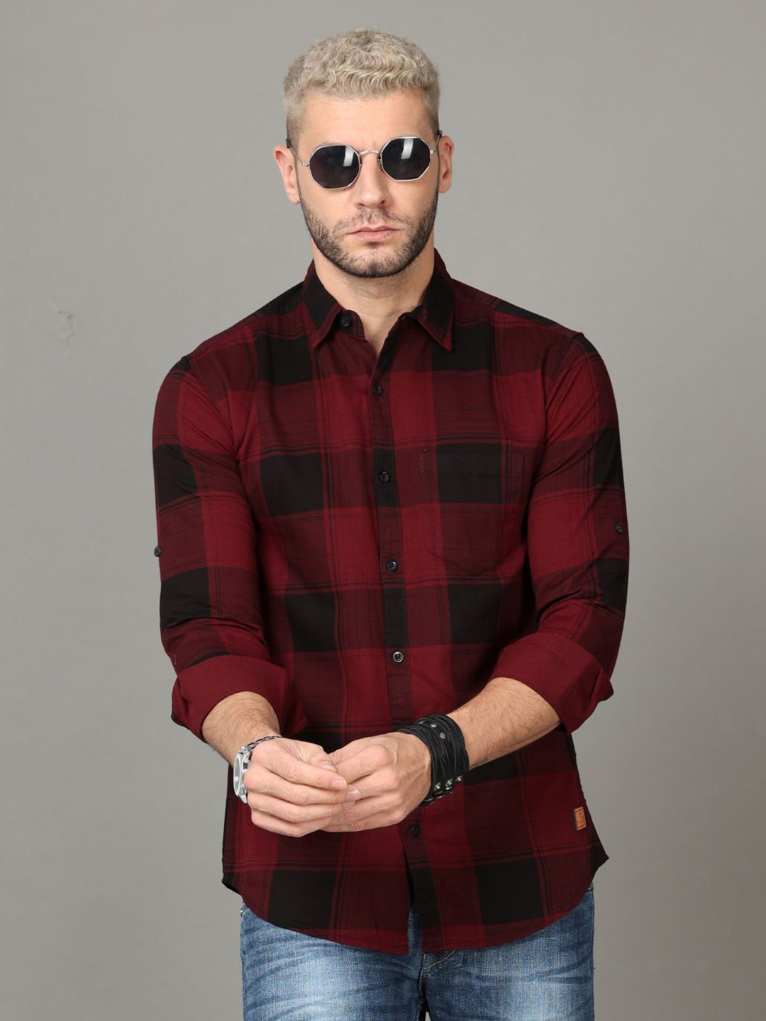 

Tallwalker Straight Slim Fit Tartan Checked Cotton Casual Shirt, Maroon