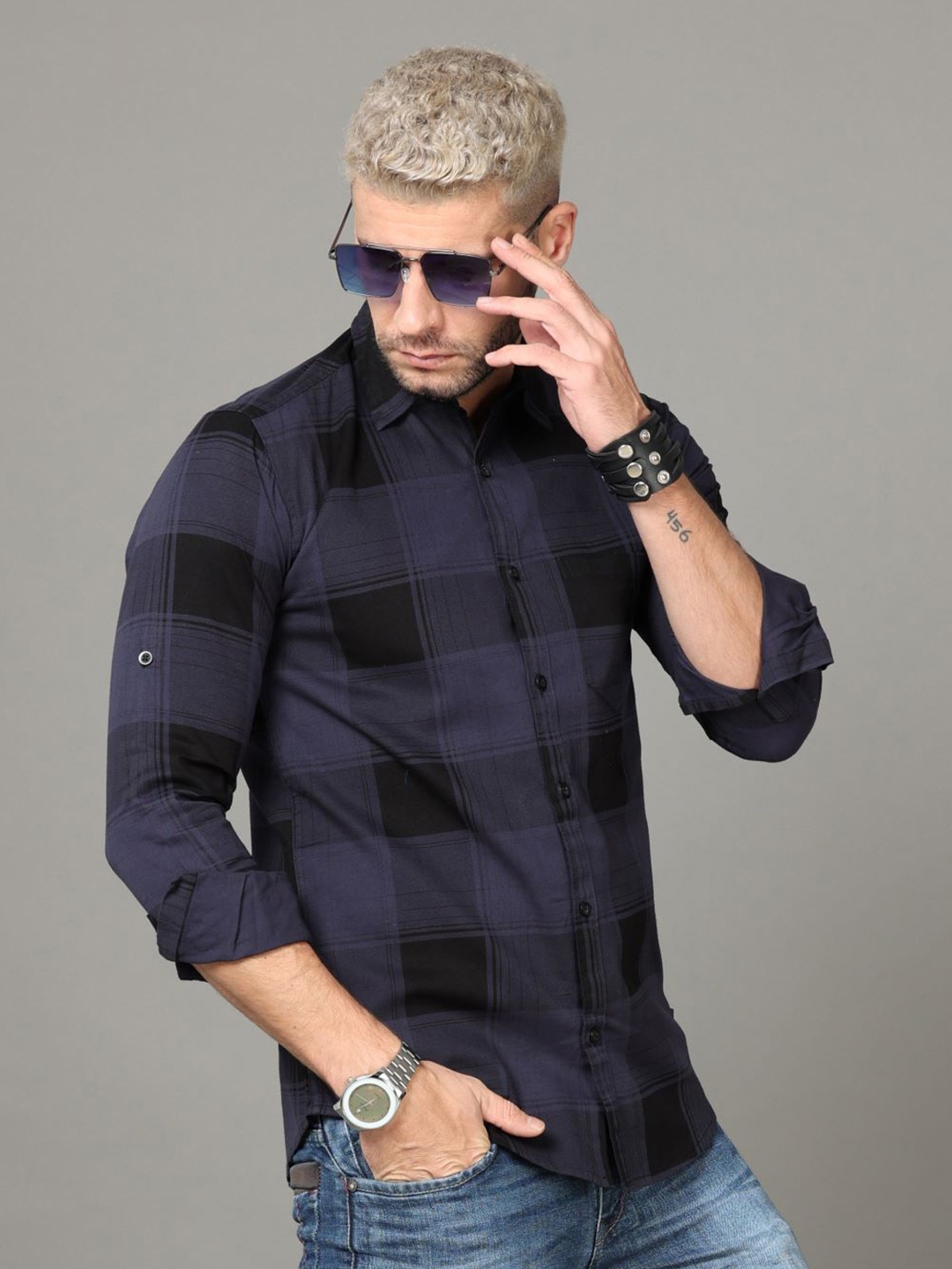 

Tallwalker Straight Slim Fit Tartan Checked Cotton Casual Shirt, Blue