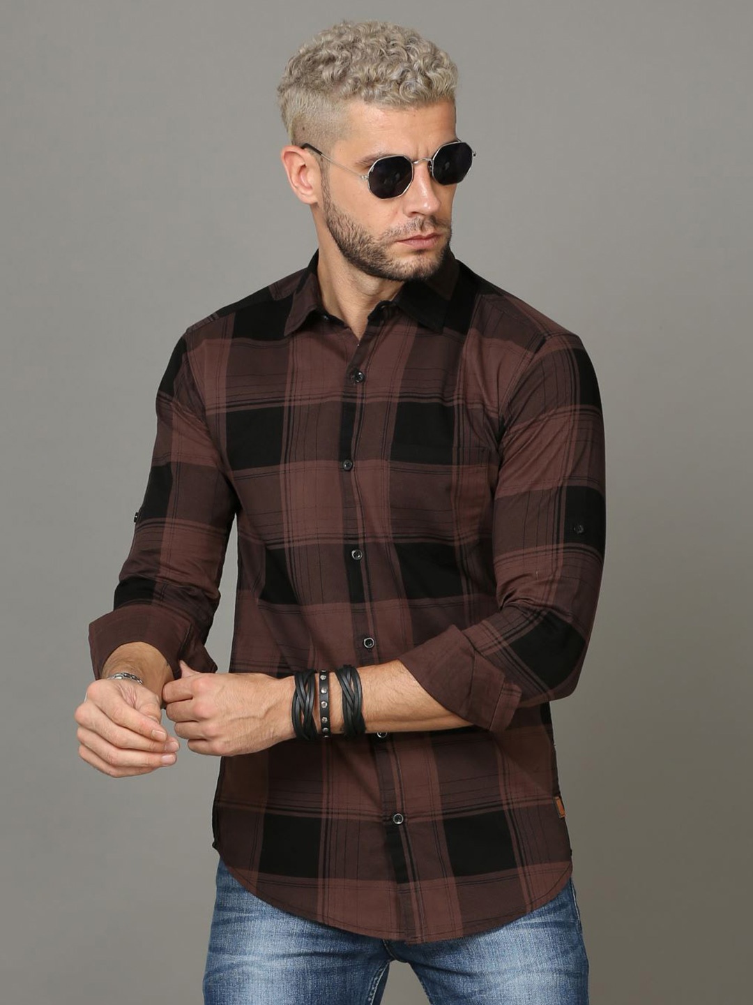 

Tallwalker Straight Slim Fit Tartan Checked Cotton Casual Shirt, Brown