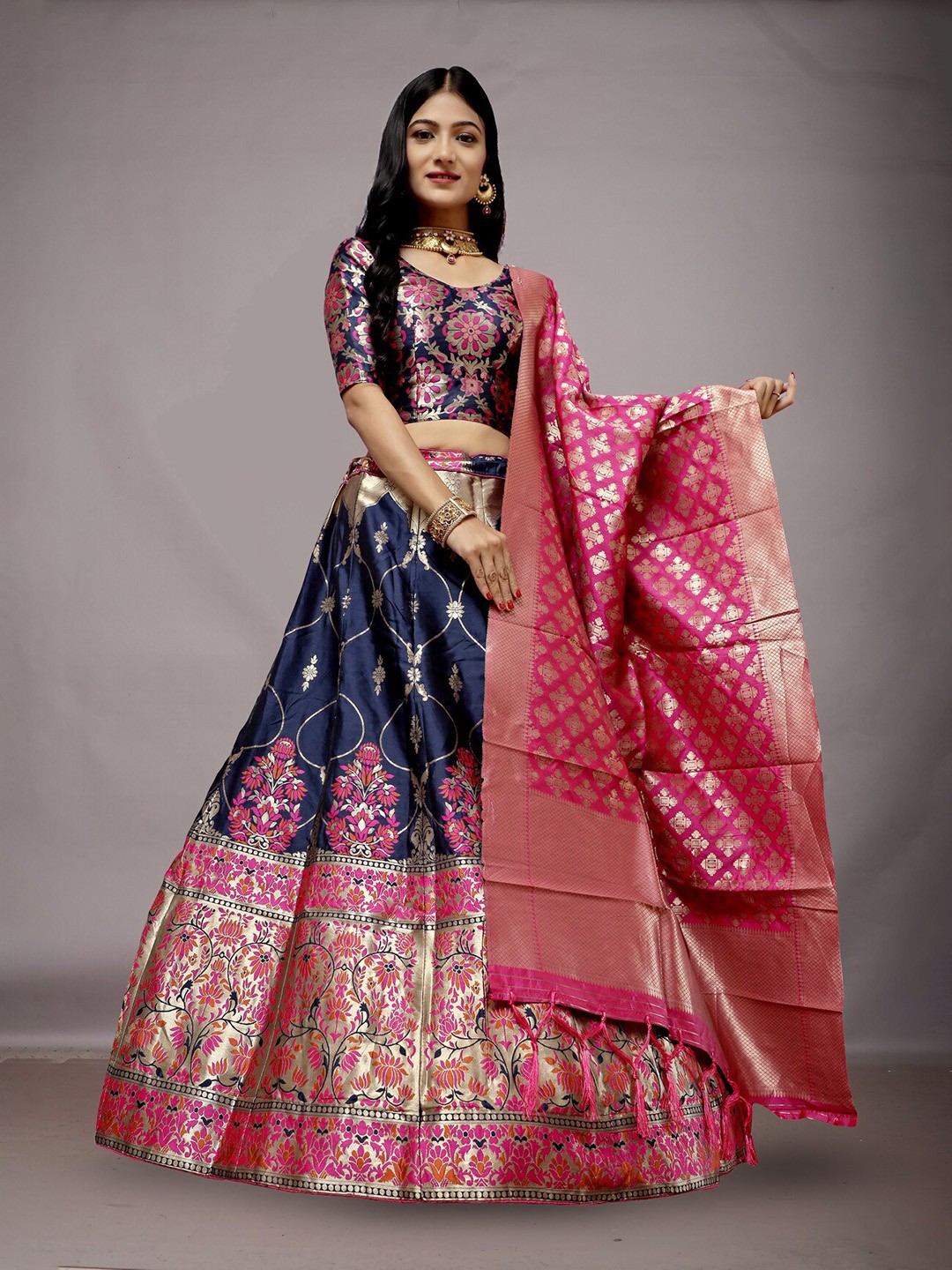 

Ekta Textiles Woven Design Semi-Stitched Lehenga & Blouse With Dupatta, Navy blue