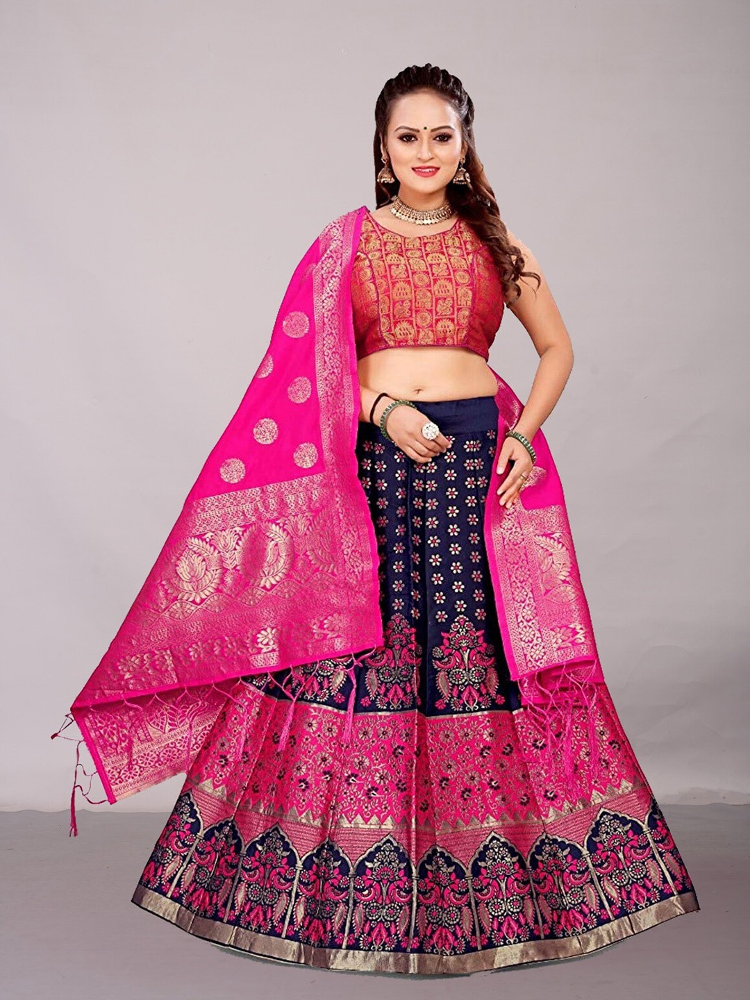 

Ekta Textiles Woven Design Semi-Stitched Lehenga & Blouse With Dupatta, Navy blue