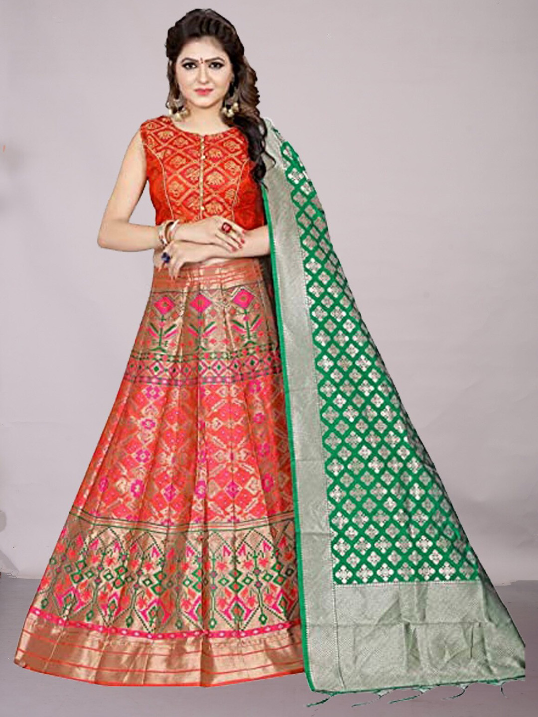 

Ekta Textiles Woven Design Semi-Stitched Lehenga & Blouse With Dupatta, Orange