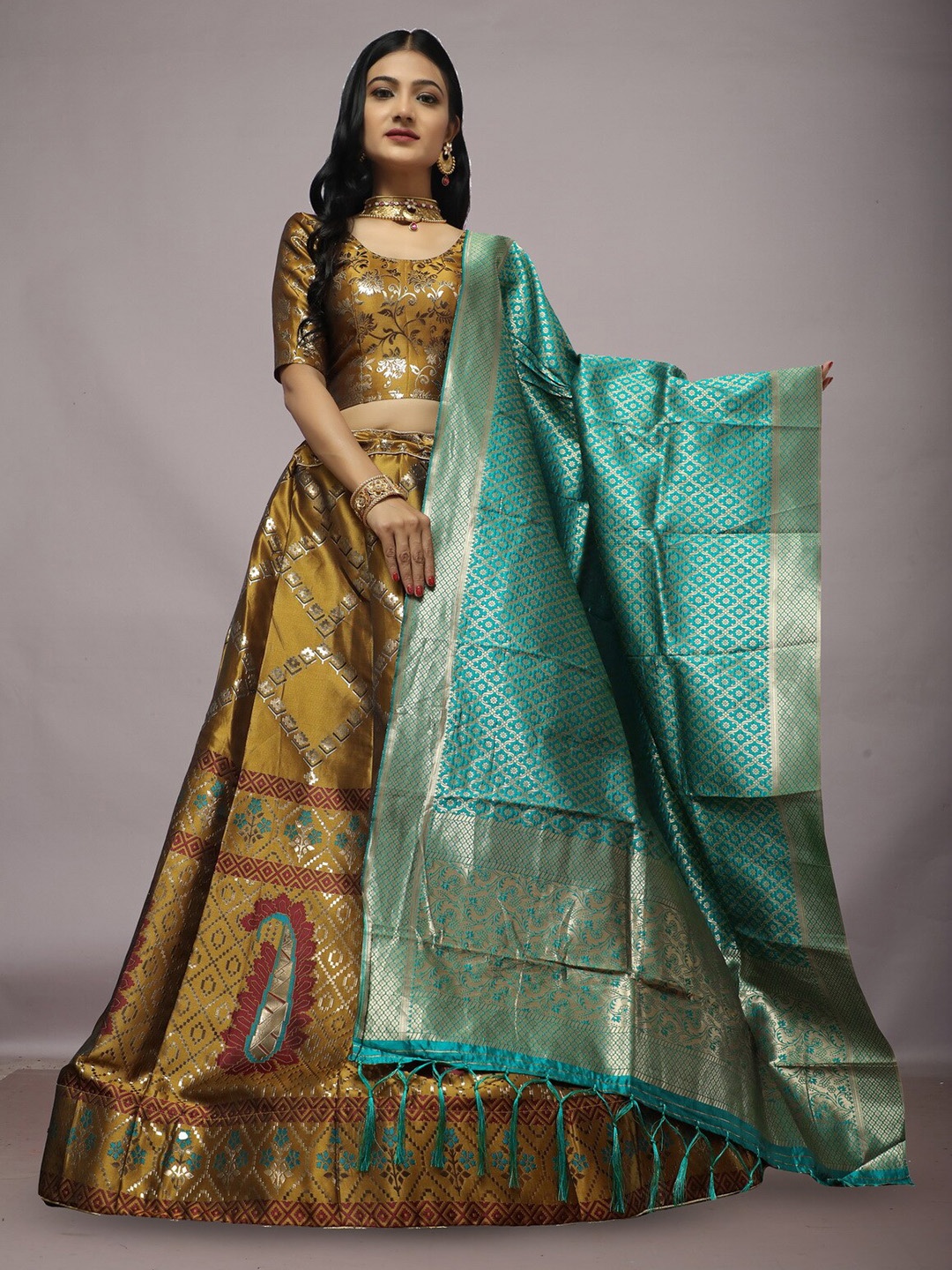 

Ekta Textiles Woven Design Semi-Stitched Lehenga & Blouse With Dupatta, Mustard