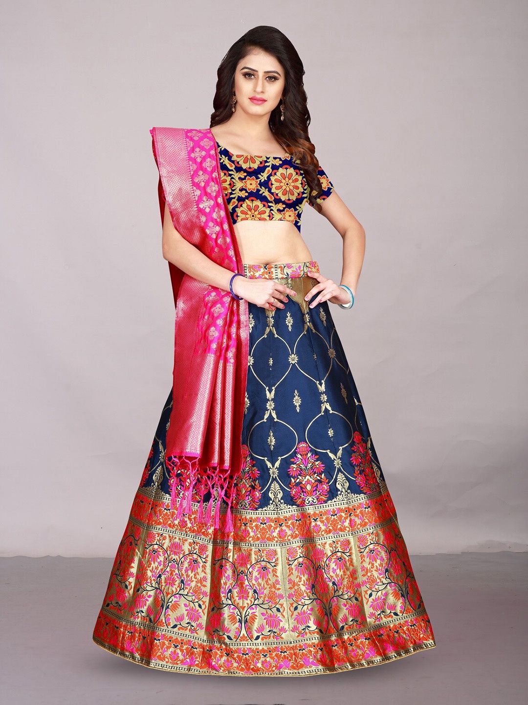 

Ekta Textiles Woven Design Semi-Stitched Lehenga & Blouse With Dupatta, Navy blue