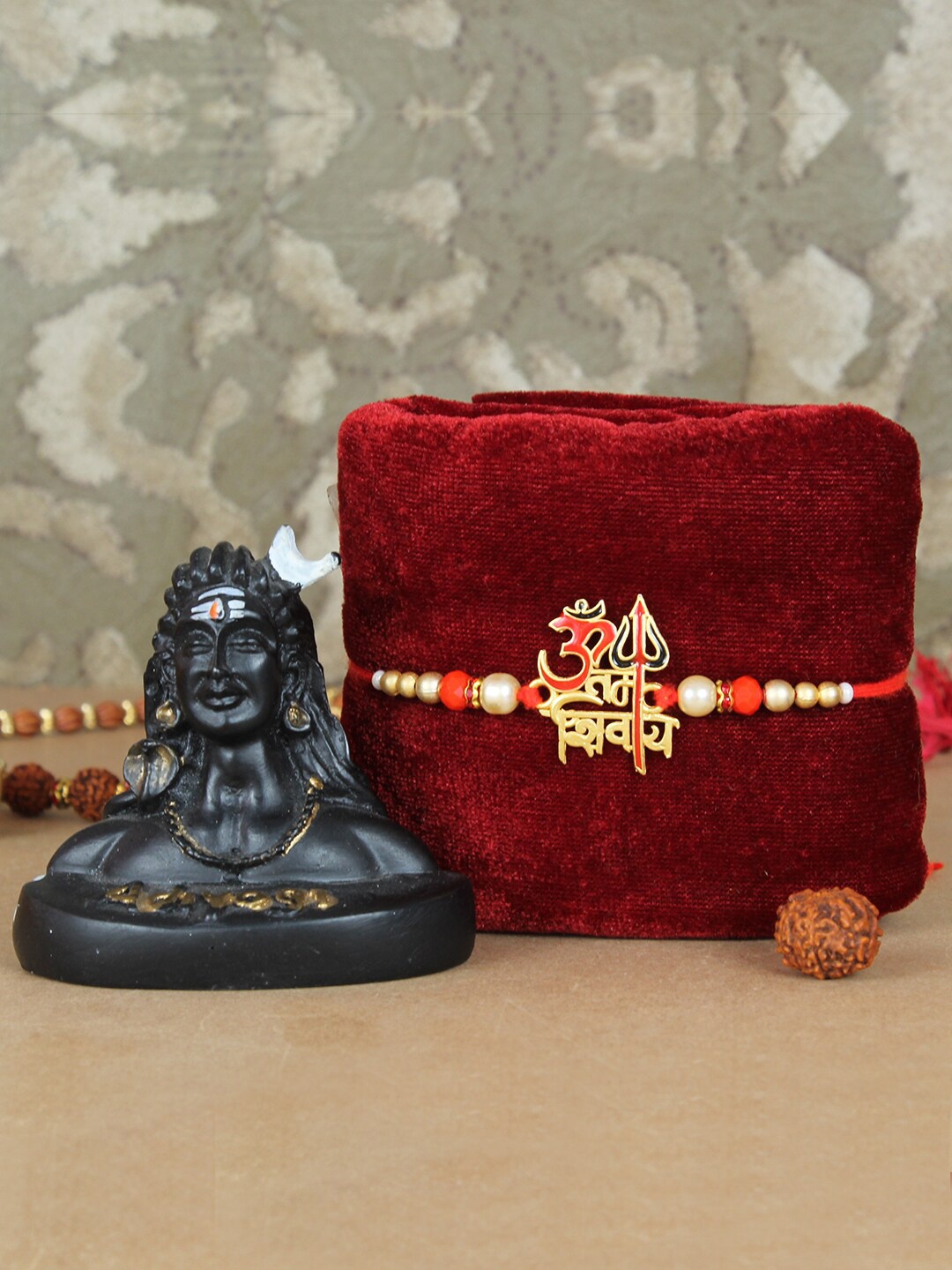 

TIED RIBBONS Unisex Om Rakhi for Brother with Adiyogi Statue Card Roli Chawal Gift Set, Red