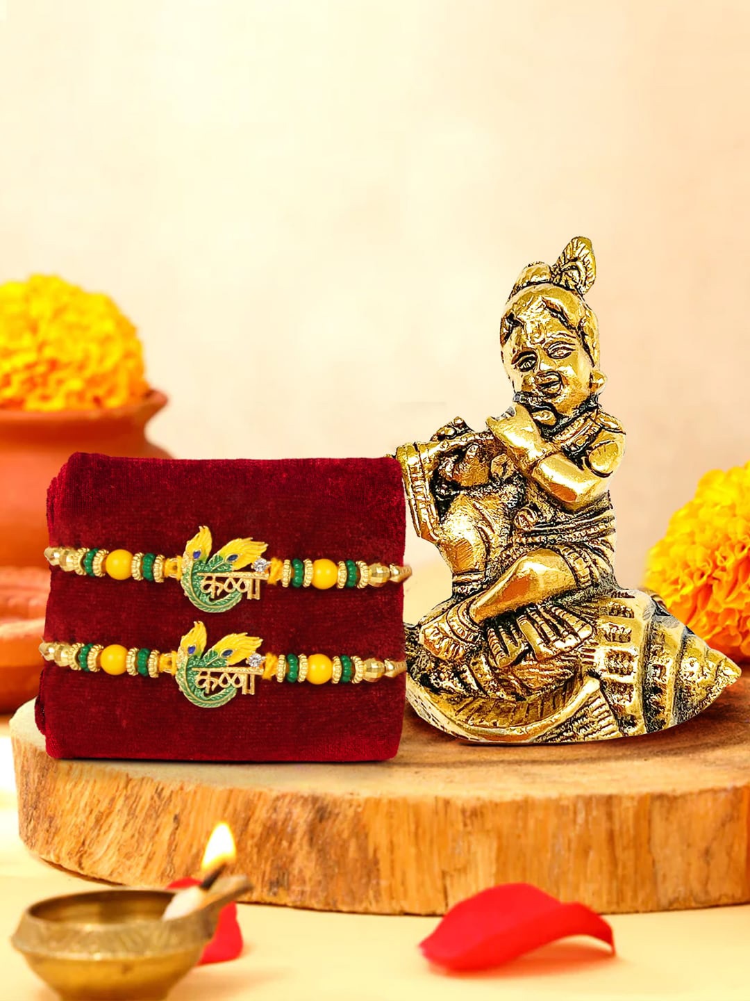

TIED RIBBONS Set of 2 Krishna Rakhi With Lord Krishna Idol, Beige