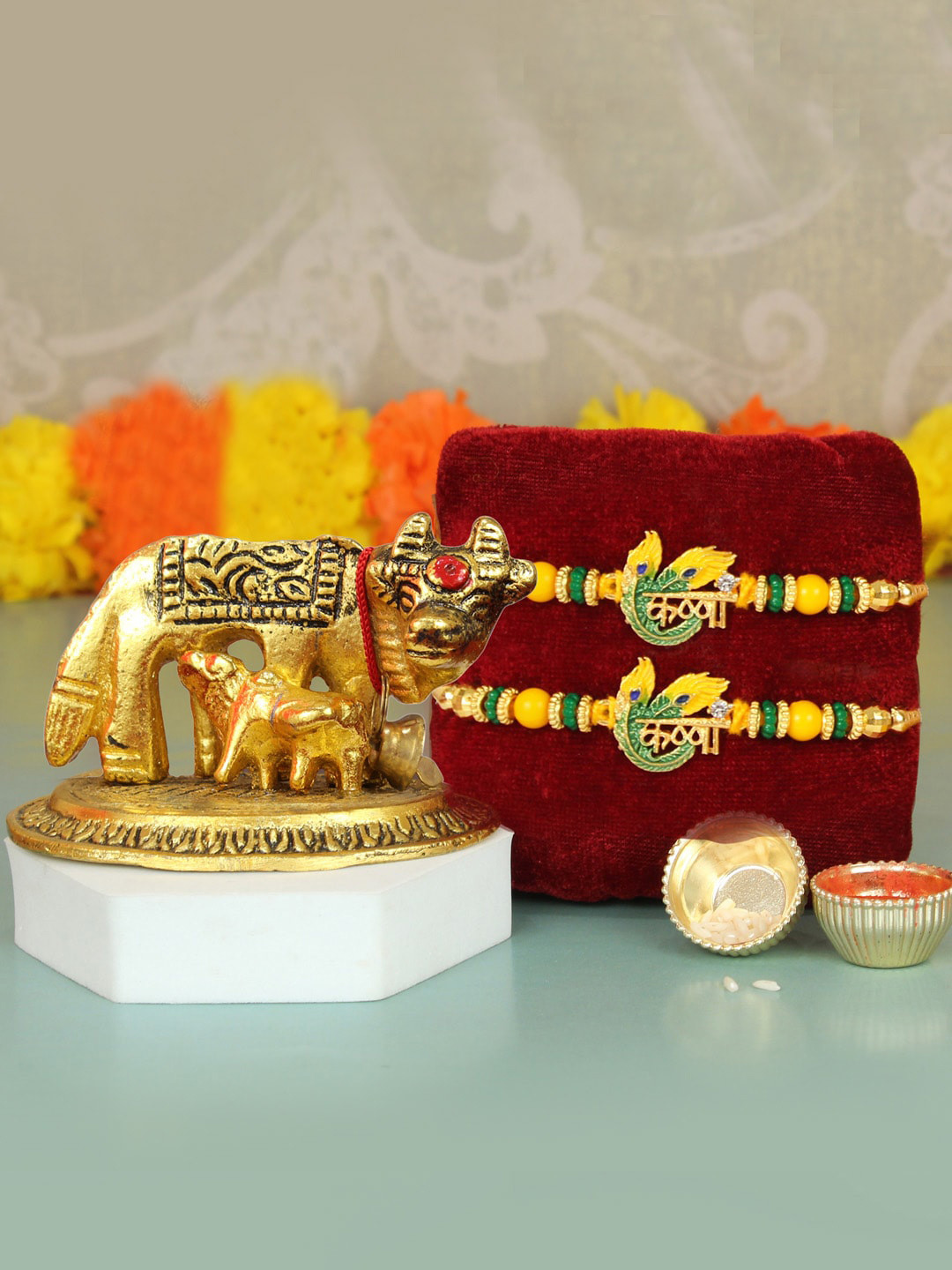 

TIED RIBBONS Set of 2 Special Designer Rakhi for Brother with Cow Statue Gift Set, Beige