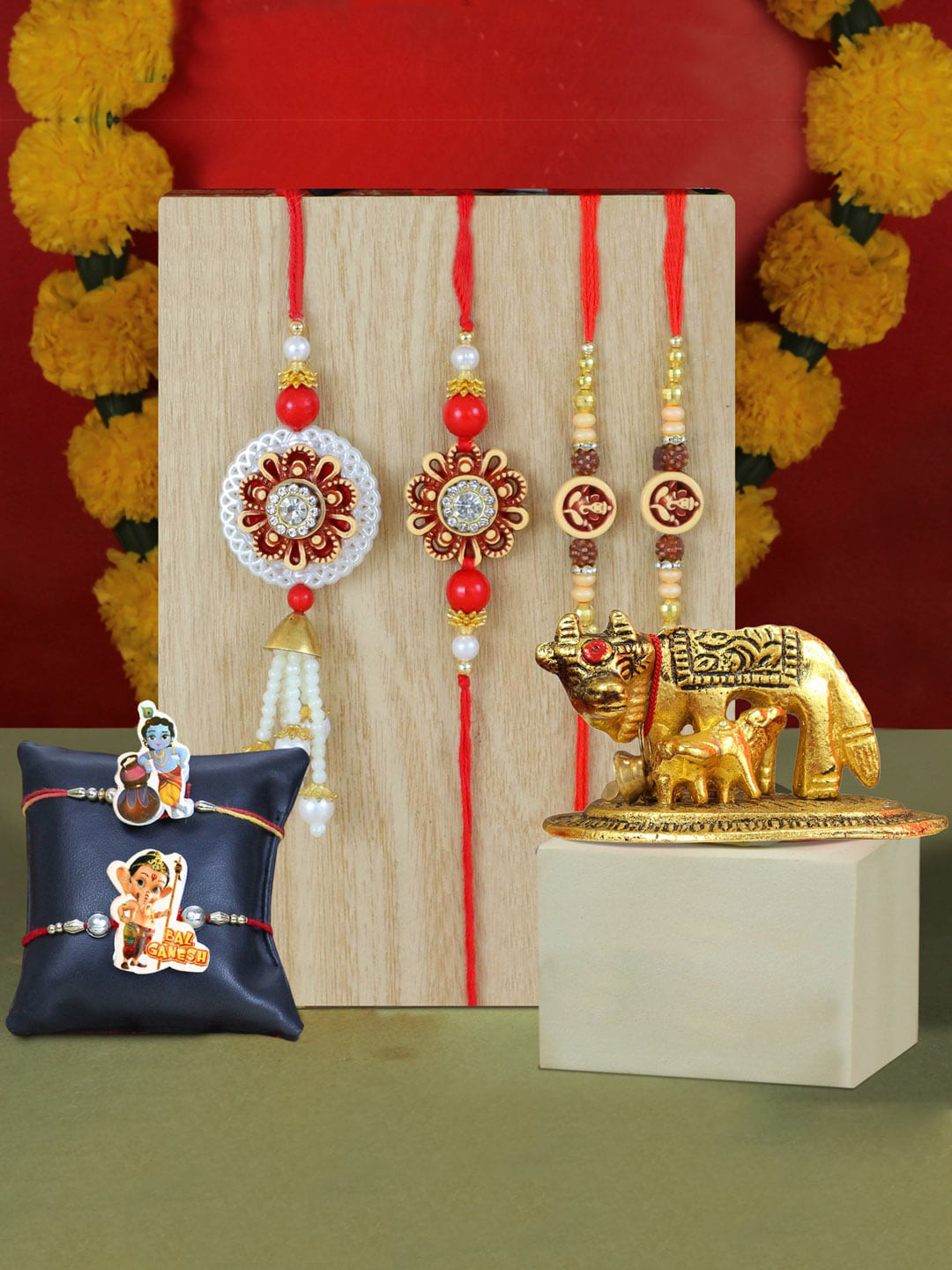 

TIED RIBBONS Set of 4 Family Rakhi Set for Bhaiya Bhabhi Kids with Cow Statue Gift Pack, Red