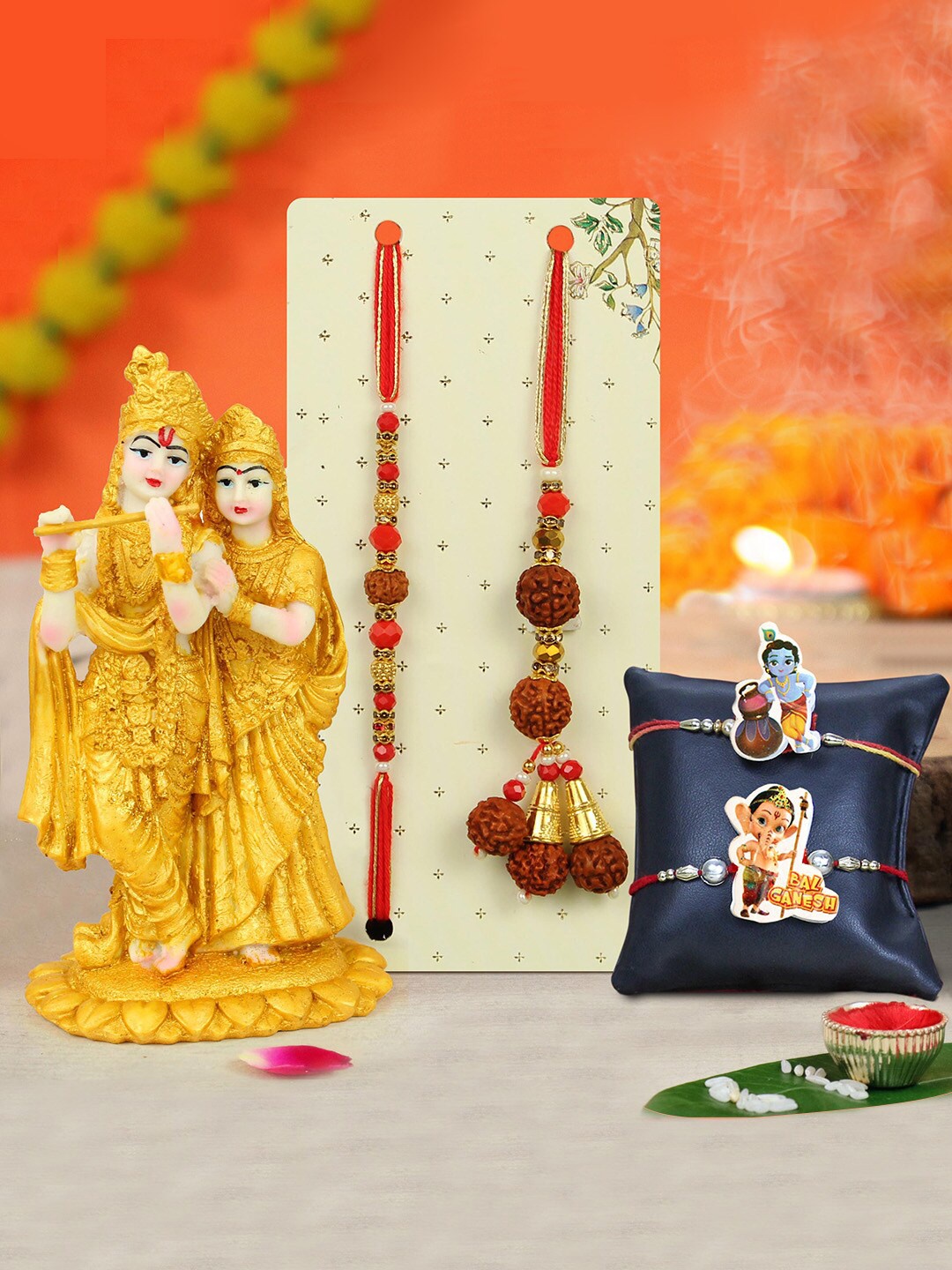 

TIED RIBBONS Set of 4 Bhaiya Bhabhi & Kids Family Rakhi Set With Radha Krishna Idol, Red