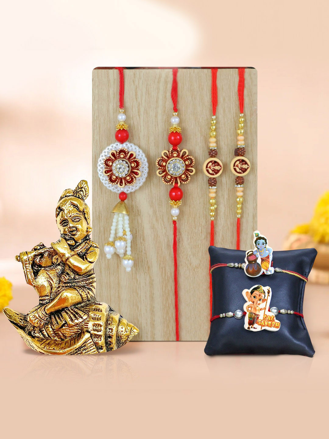 

TIED RIBBONS Men Set Of 4 Rakhi For Brother Bhabhi Kids With Statue Rakhi Gift Set, Red
