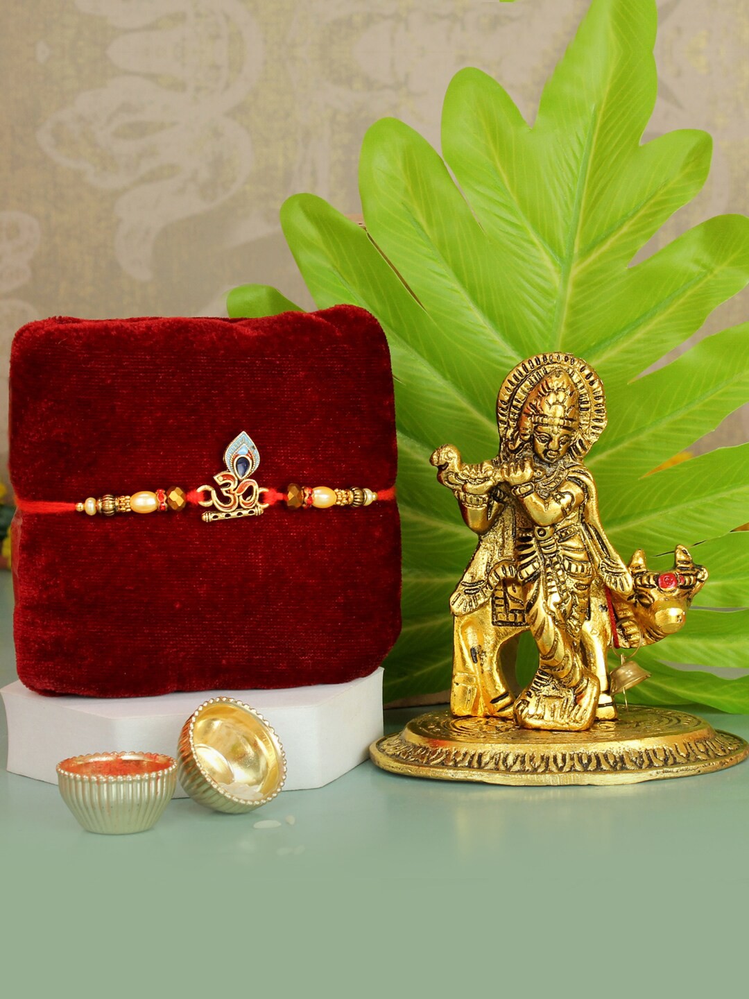 

TIED RIBBONS Special Rakhi for Brother with Krishna Statue Combo Pack, Gold