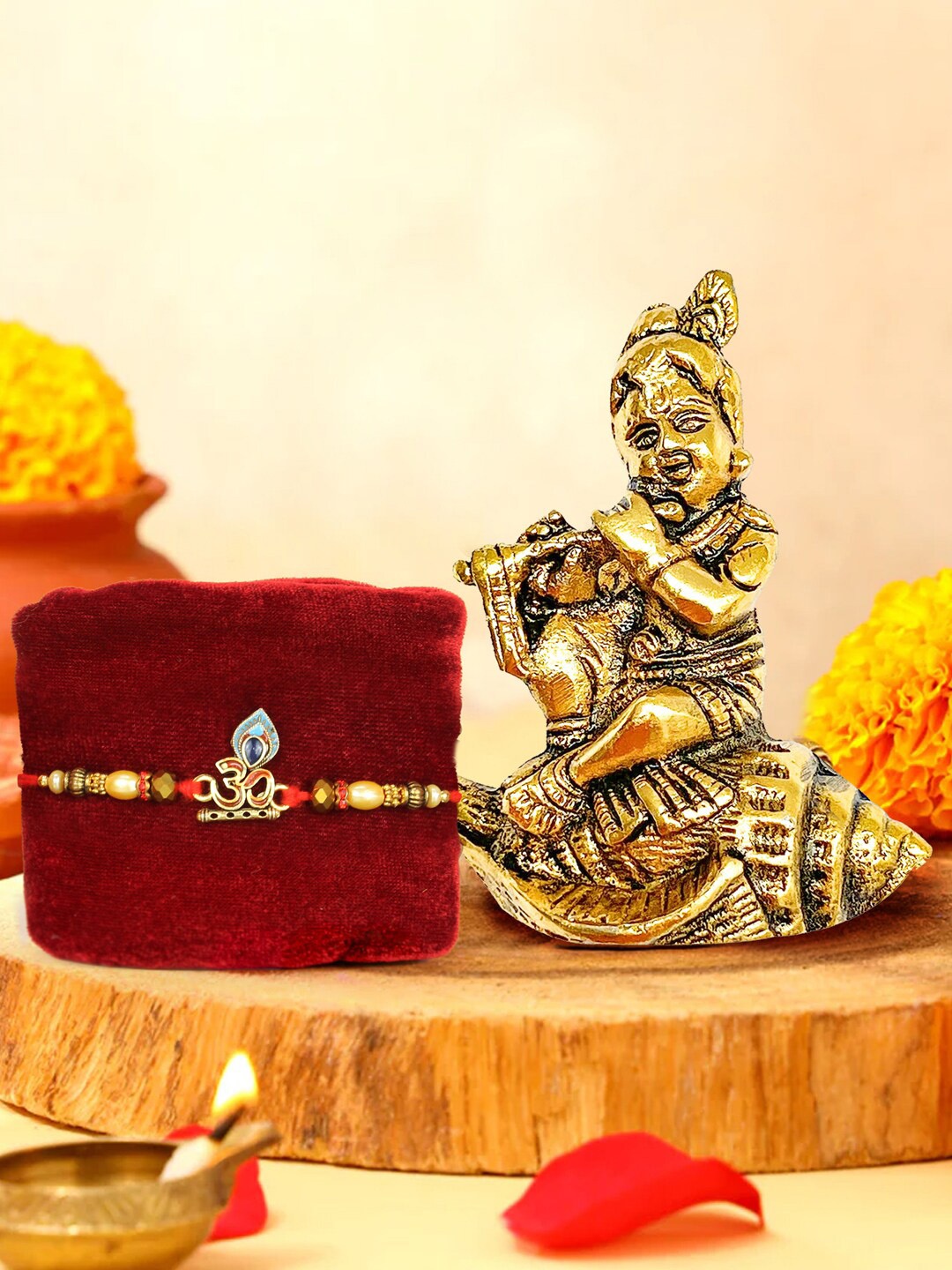 

TIED RIBBONS Om Rakhi for Brother With Krishna Showpiece Rakhi Gift Set, Beige