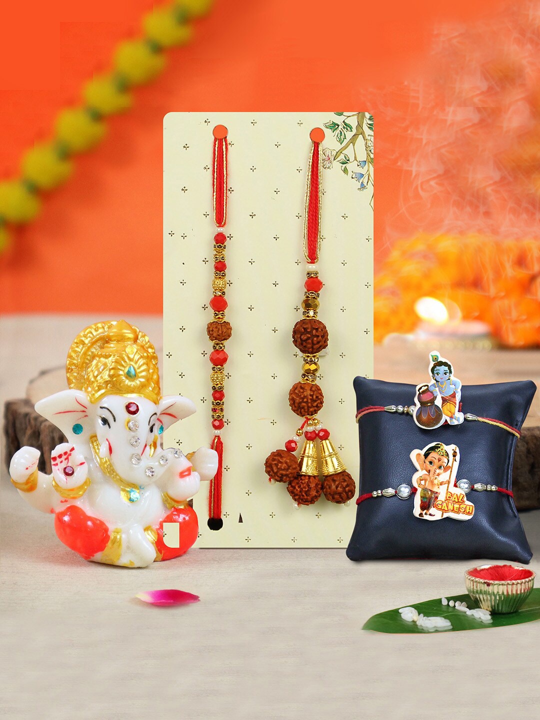 

TIED RIBBONS Set of 4 Bhaiya Bhabhi Kids Family Rakhi Set With Ganesha Idol Rakhi Gift Set, Brown