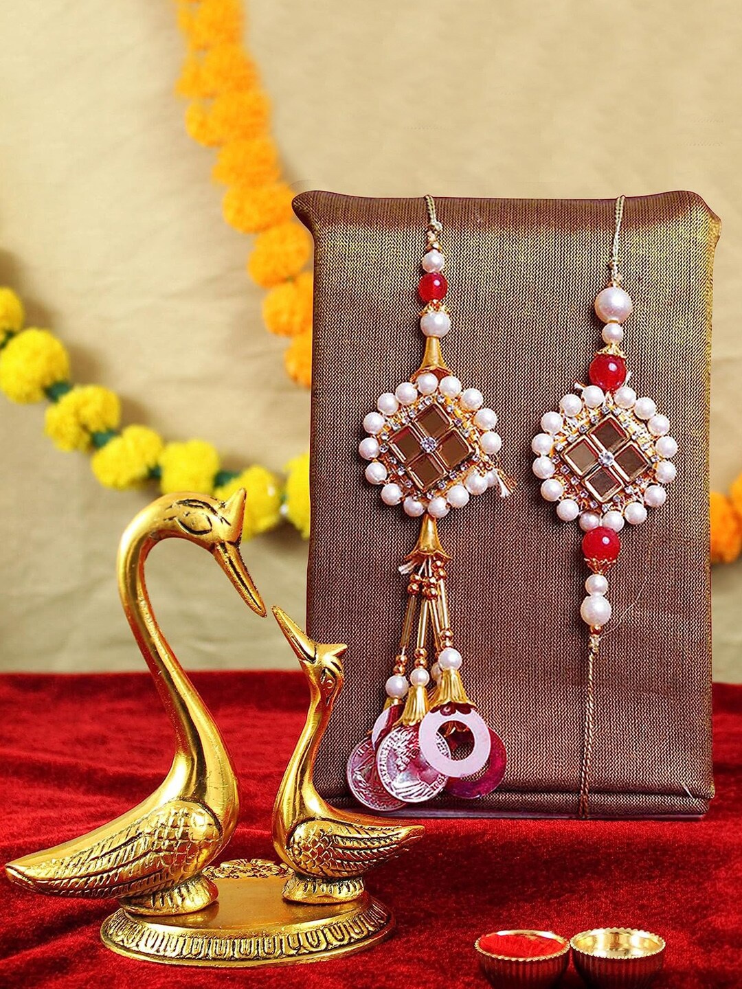 

TIED RIBBONS Set Of 2 Brother & Bhabhi With Small Kissing Duck Statue Rakhi Gift Set, Beige