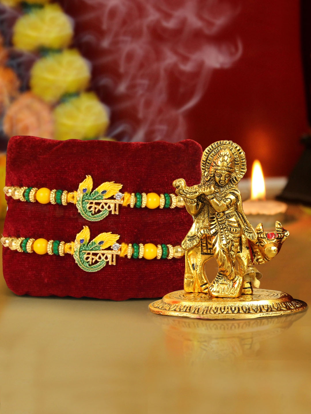 

TIED RIBBONS Unisex Set of 2 Krishna Rakhi for Brother With Statue Gift Set, Brown