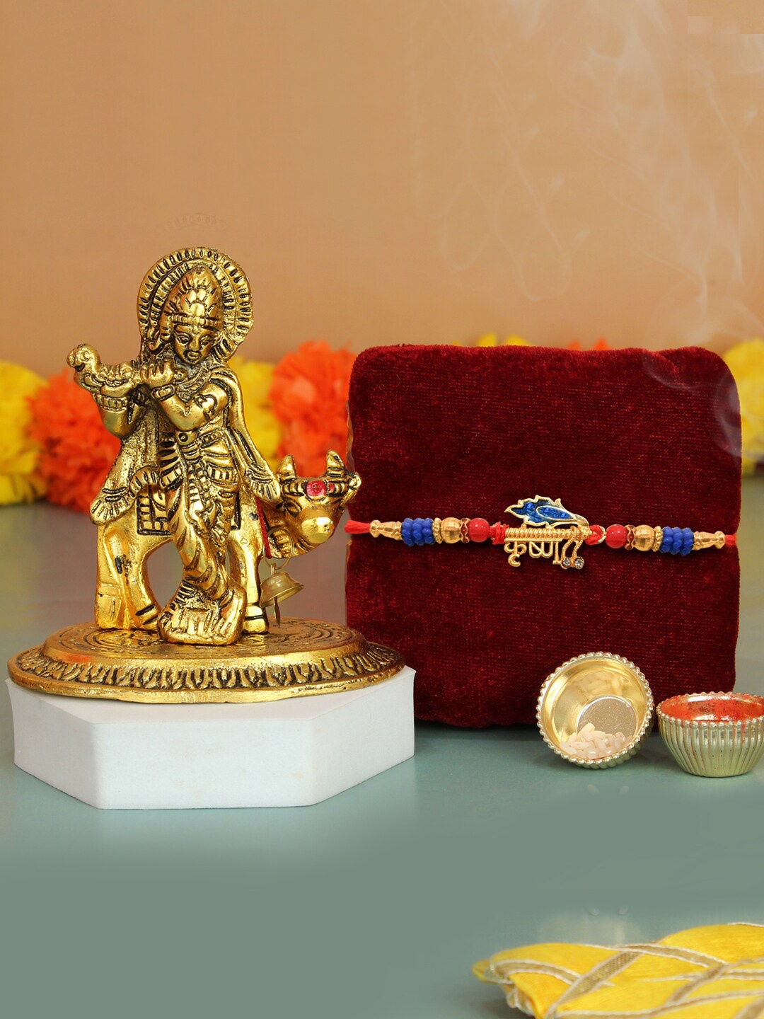 

TIED RIBBONS Krishna Rakhi with Lord Krishna Idol, Gold