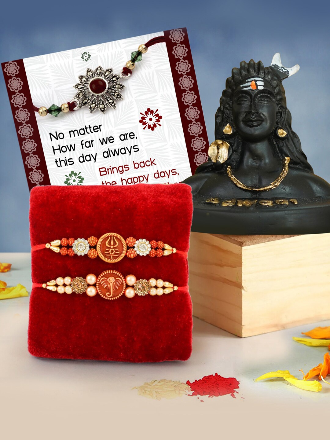 

TIED RIBBONS Set of 2 Rakhi for Brother with Adiyogi Statue Card Roli Chawal Gift Set, Red