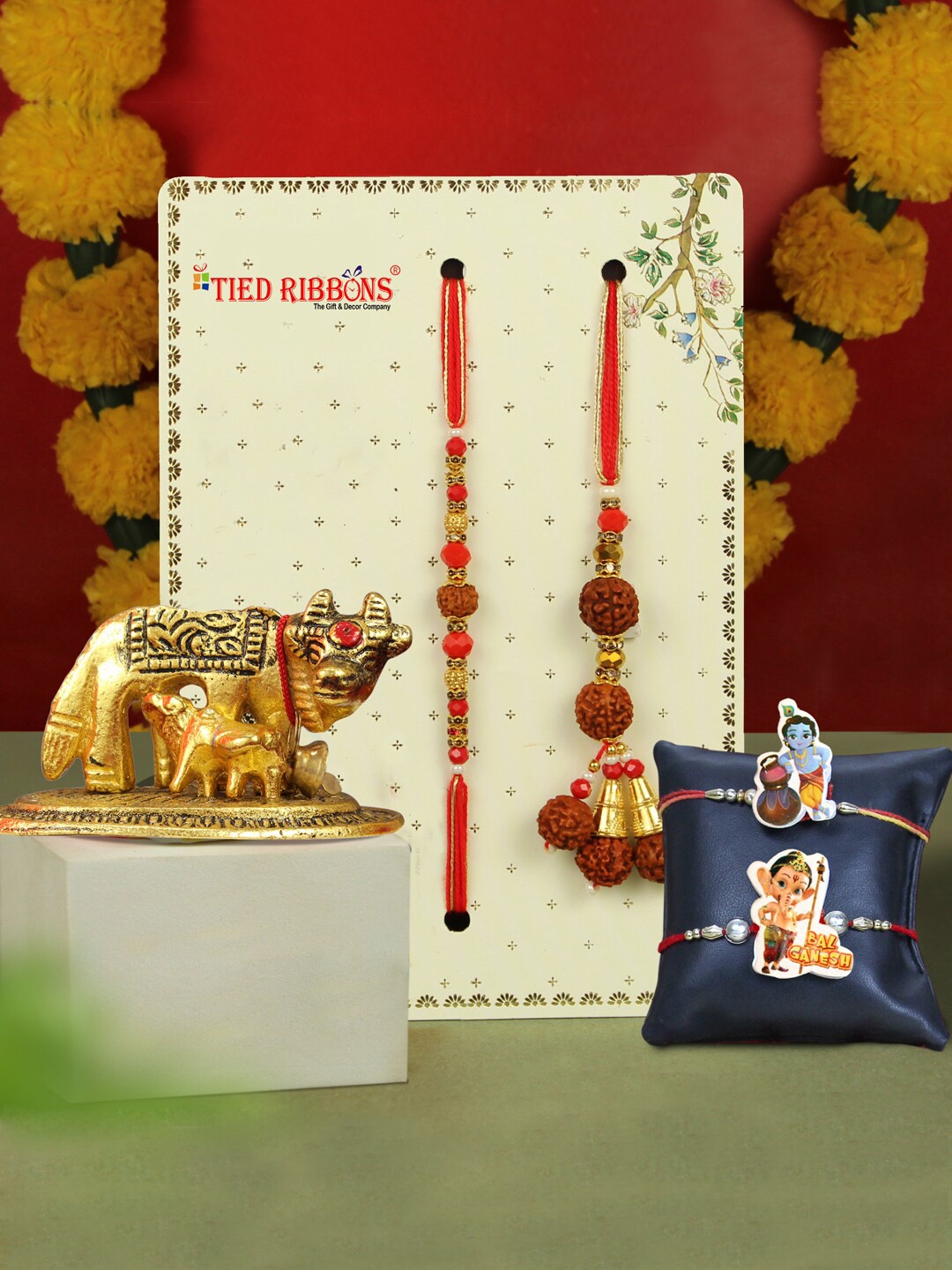 

TIED RIBBONS Set of 4 Bhaiya Bhabhi & Kids Family Rakhi Set with Statue, Red