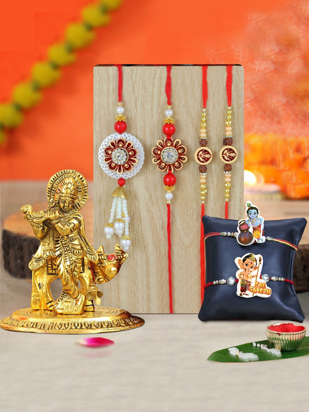 

TIED RIBBONS Set of 6 Brother Bhabhi Kids Family Rakhi Combo with Lord Krishna Idol, Red