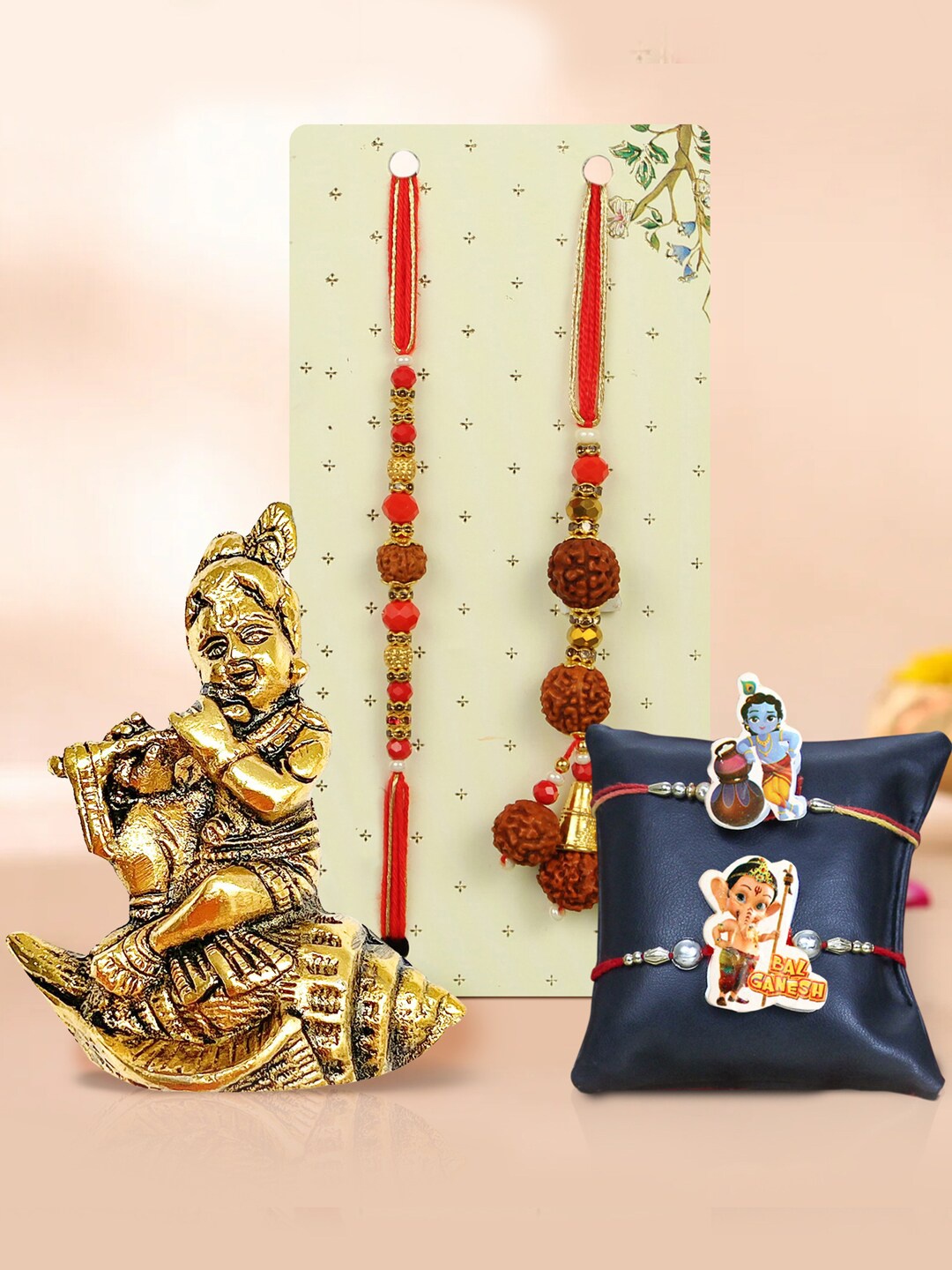 

TIED RIBBONS Set of 4 Rakhi for Brother Bhabhi & Kids with Statue Gift Set, Red