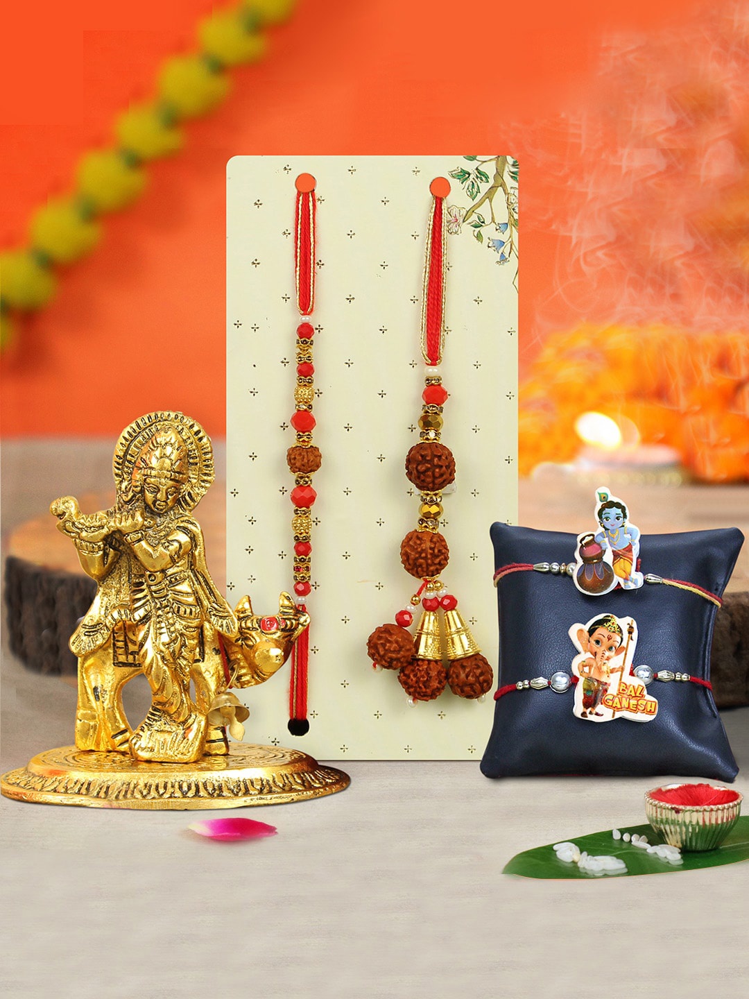 

TIED RIBBONS Set of 4 Family Rakhi for Bhaiya Bhabhi Kids with Krishna Statue Gift Pack, Red