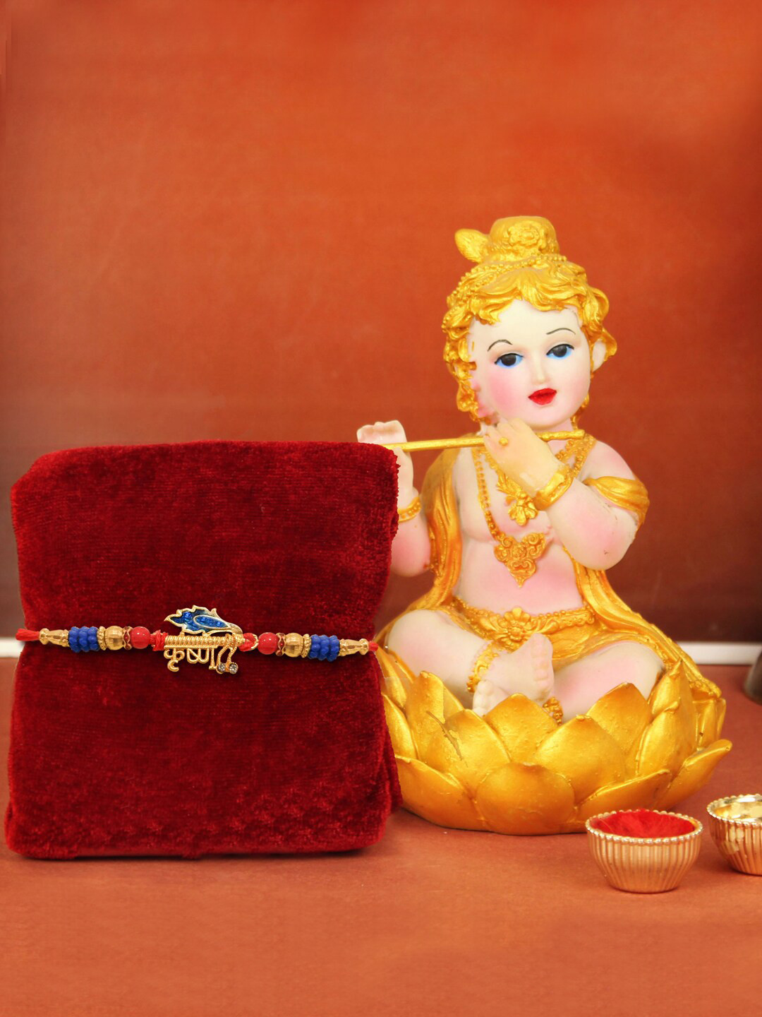 

TIED RIBBONS Unisex Krishna Rakhi for Brother with Statue Gift Set, Gold