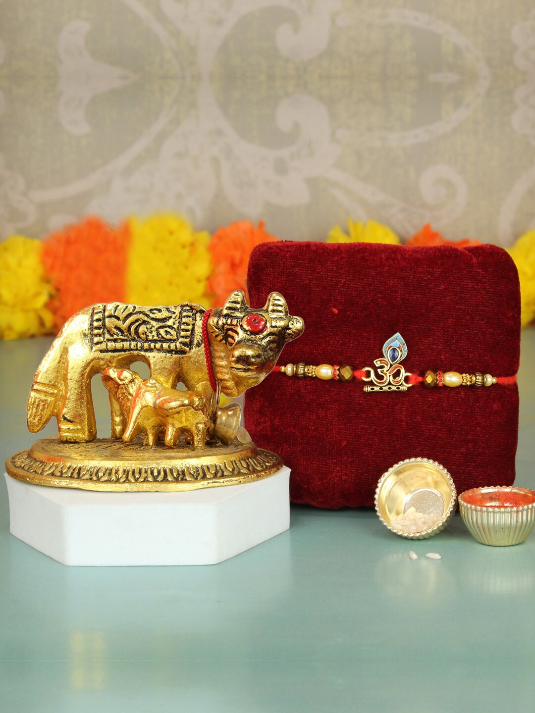 

TIED RIBBONS Unisex Designer Om Rakhi for Brother with Cow Statue Gift Set, Red