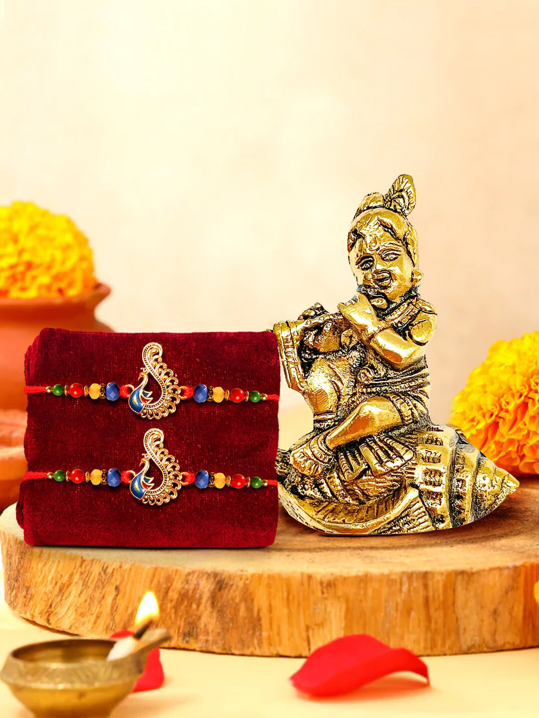 

TIED RIBBONS Unisex Set of 2 Rakhi for Brother with Krishna Showpiece Gift Set, Red