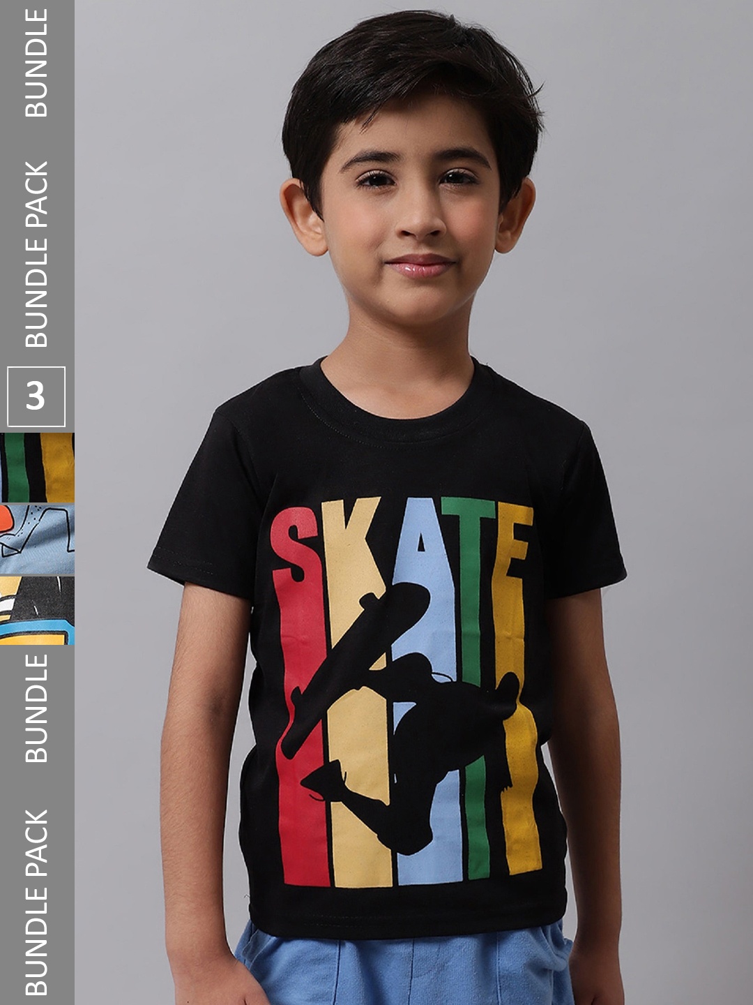 

BAESD Boys Pack Of 3 Typography Printed Cotton T-shirt, Black