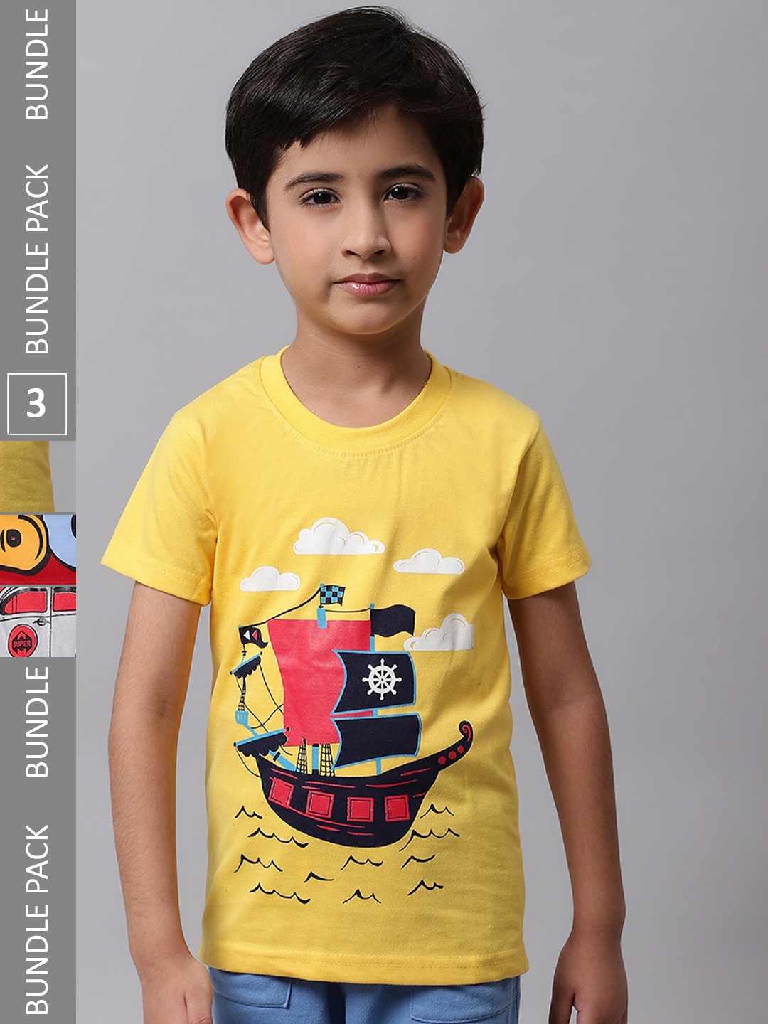 

BAESD Boys Pack Of 3 Graphic Printed Cotton T-shirt, Yellow