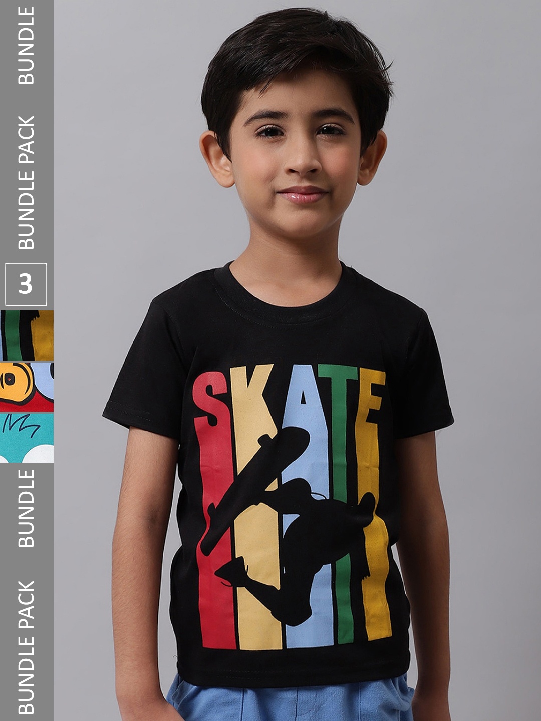 BAESD Boys Pack Of 3 Printed Cotton T-shirt, Black