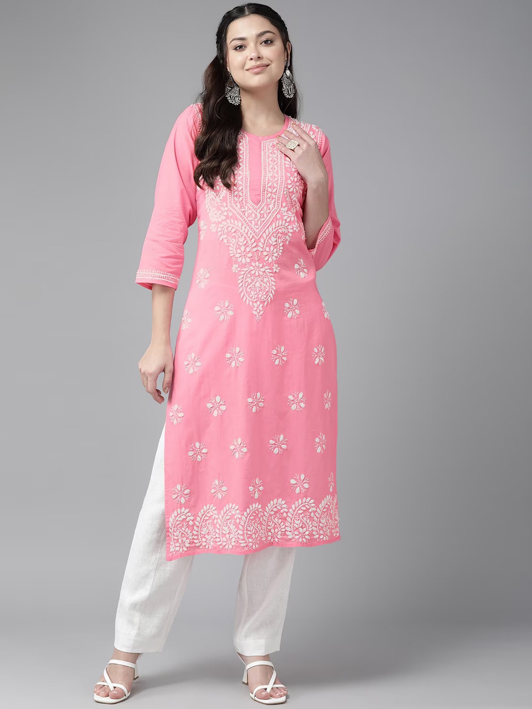 

ADA Ethnic Motifs Embroidered Chikankari Cotton Straight Kurta, Pink