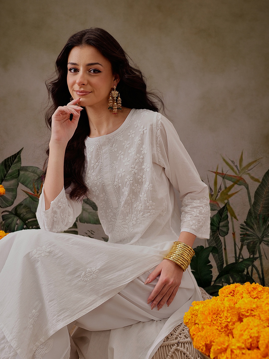 

ADA Ethnic Motifs Embroidered Round Neck Chikankari Cotton Straight Kurta, White
