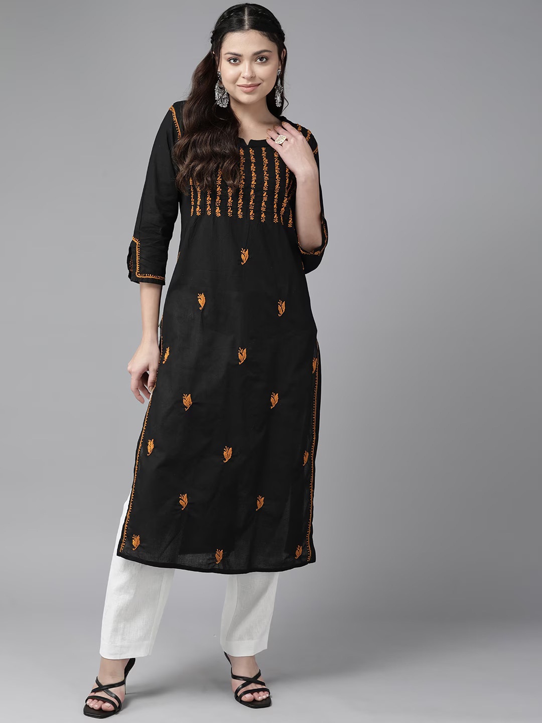 

ADA Ethnic Motifs Embroidered Chikankari Cotton Straight Kurta, Black