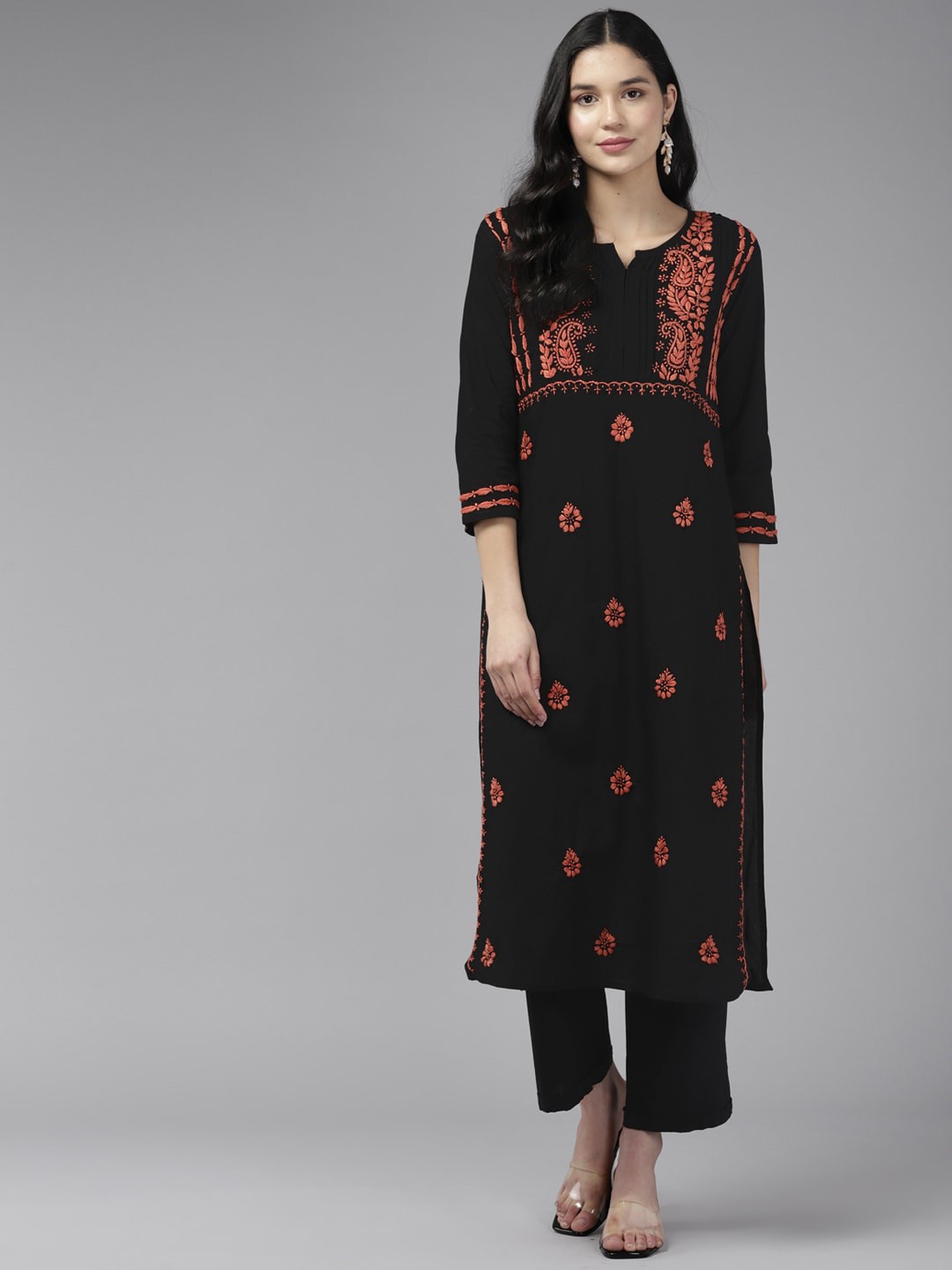 

ADA Ethnic Motifs Embroidered Chikankari Cotton Straight Kurta, Black