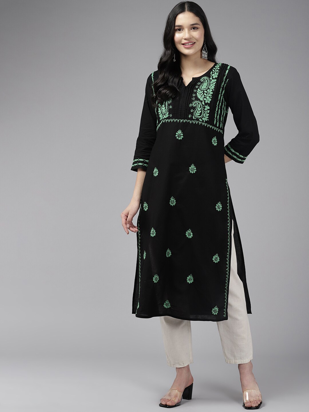 

ADA Ethnic Motifs Embroidered Chikankari Cotton Straight Kurta, Black