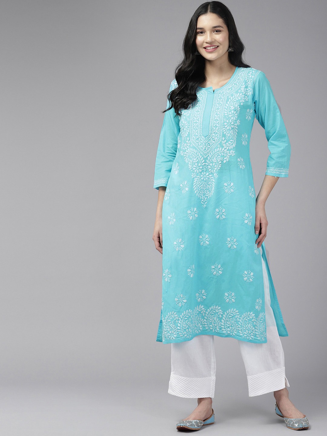 

ADA Ethnic Motifs Embroidered Chikankari Cotton Straight Kurta, Blue